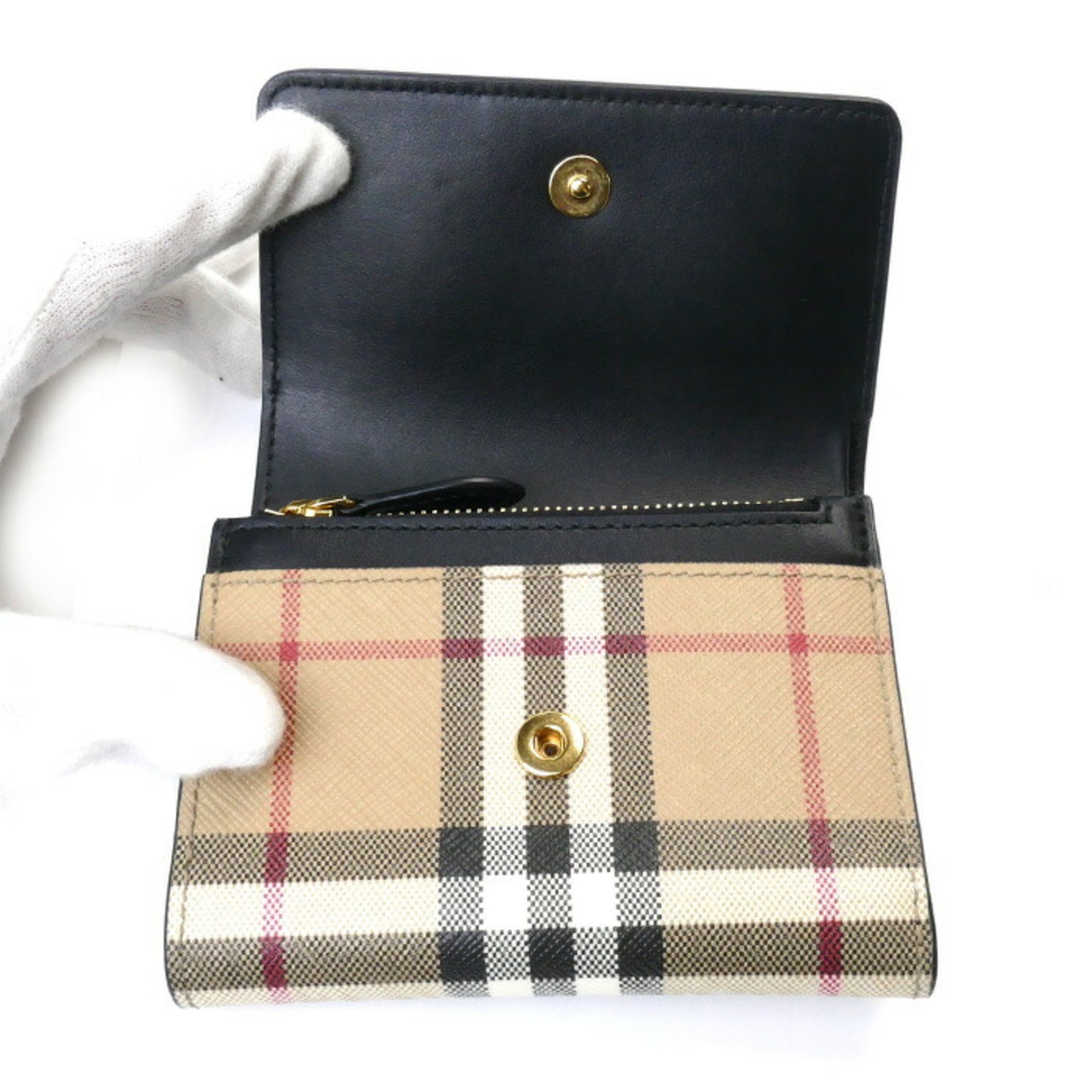 Burberry Beige Black Cotton Leather Elastane Wallet (Tri-Fold) (Pre-Owned)