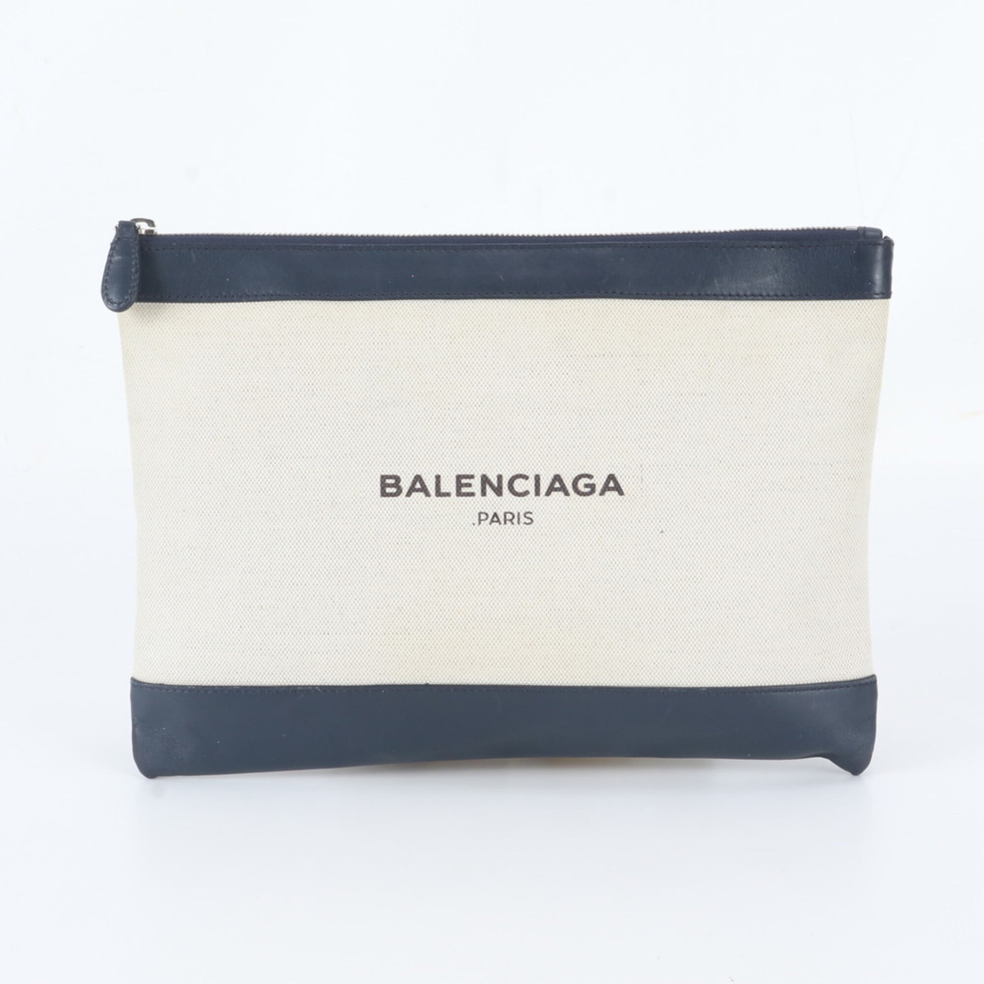 Balenciaga Navy White Leather Canvas Handbag Pouch (Pre-Owned)