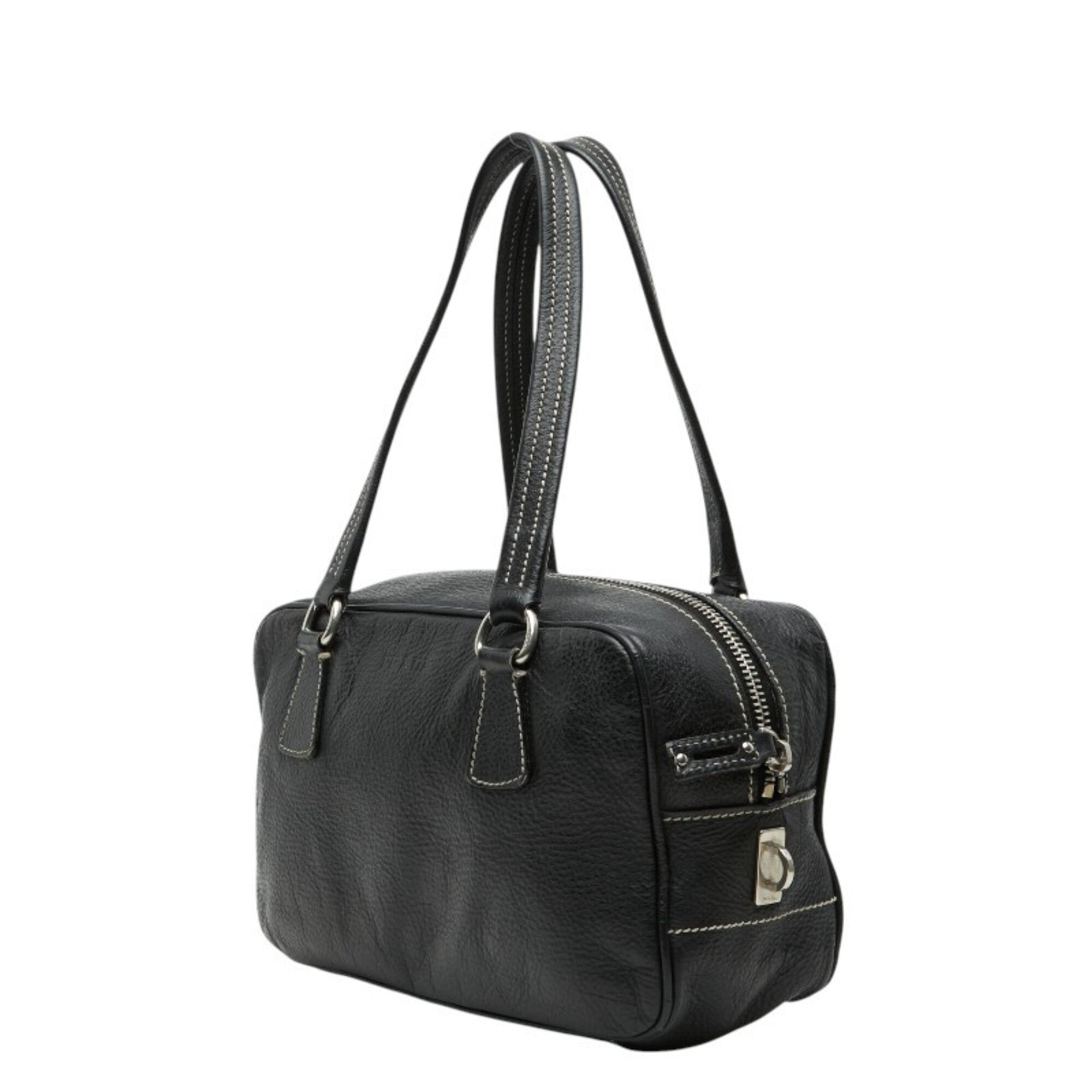 Prada Black Leather Boston Bag Handbag (Pre-Owned)