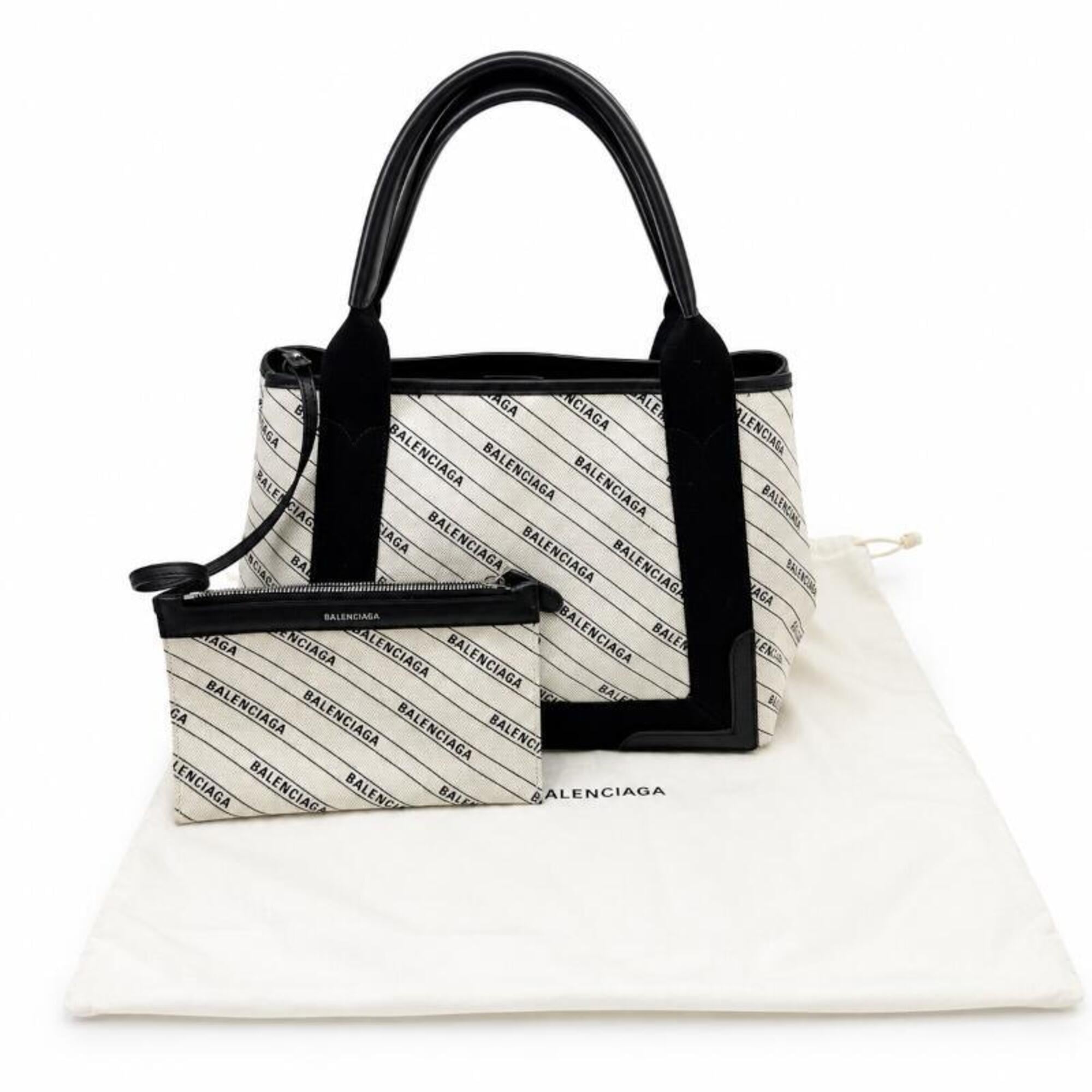 Balenciaga Black Ivory Canvas Leather Handbag Pouch (Pre-Owned)