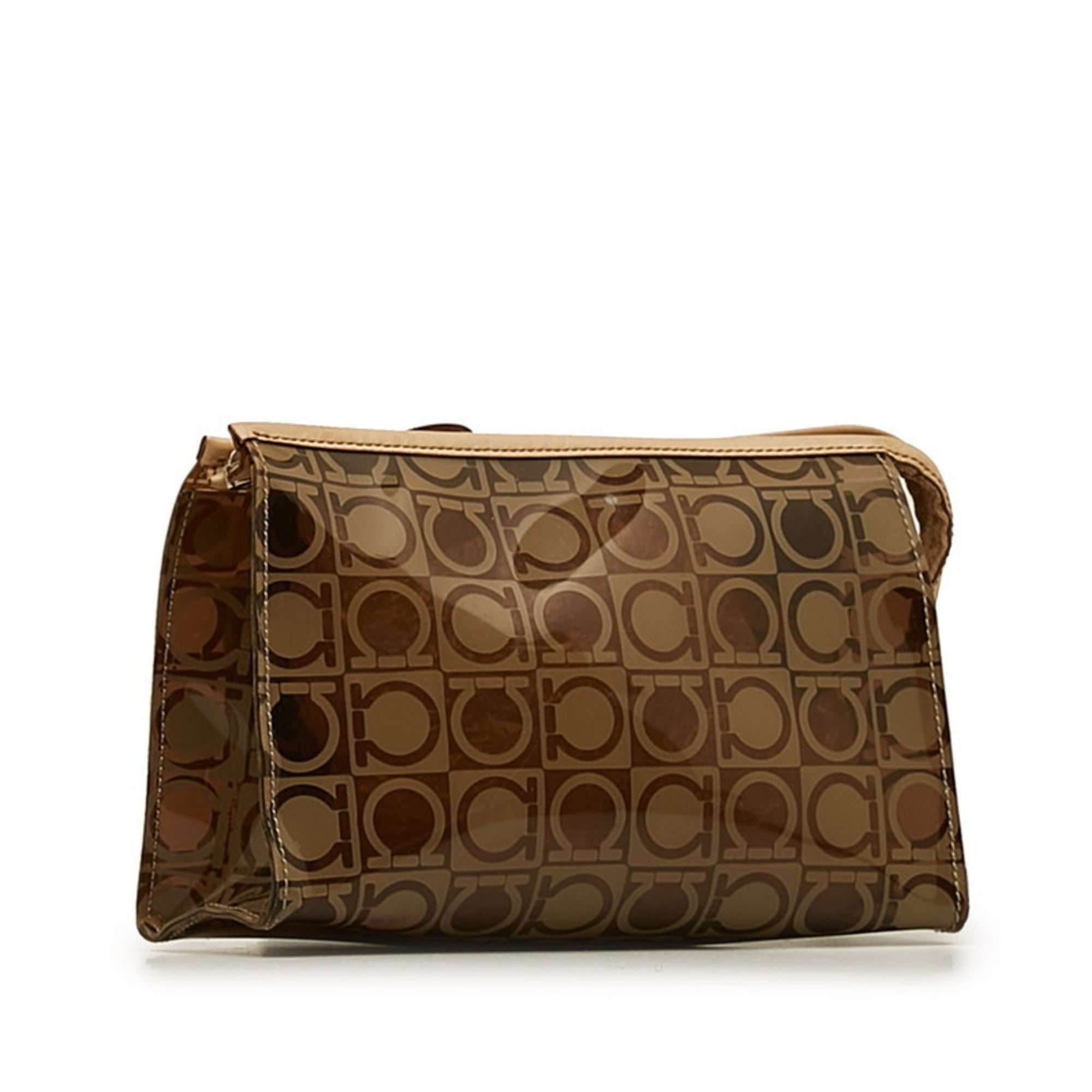 Salvatore Ferragamo Gancini Beige Brown Vinyl Pouch (Pre-Owned)