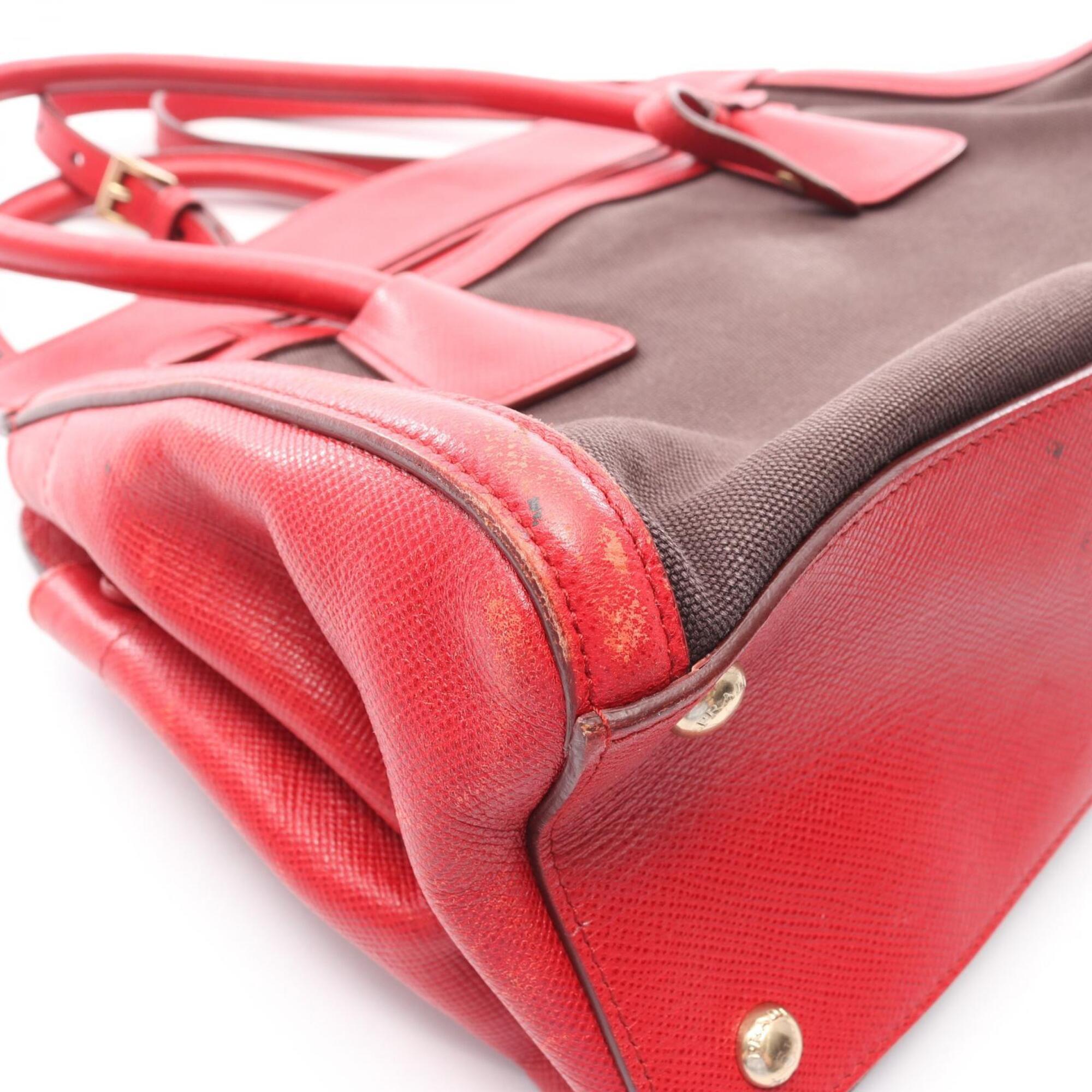 Prada Black Red Color Canvas Saffiano Handbag (Pre-Owned)