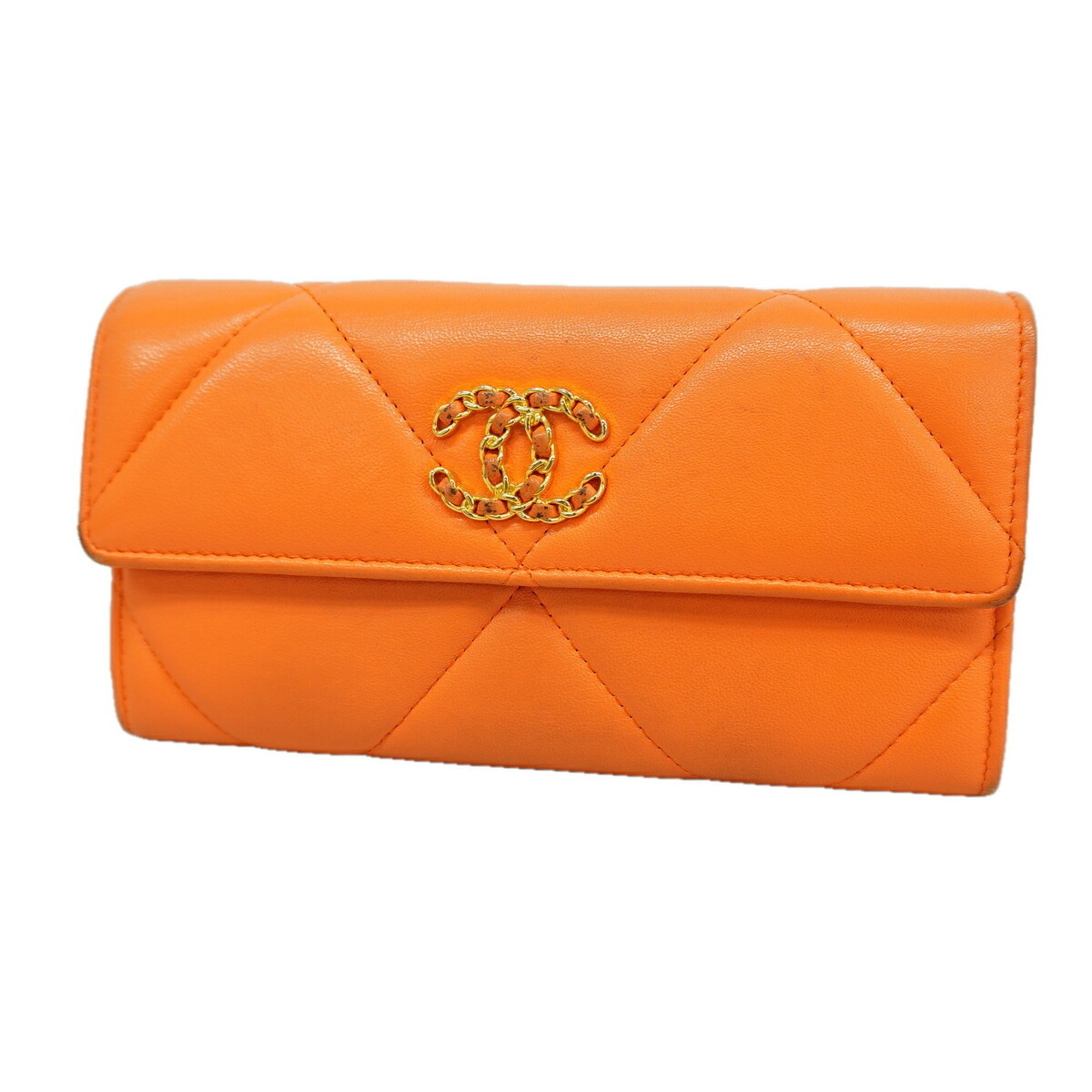 Chanel Orange Leather Long Wallet (Bi-Fold) (Pre-Owned)