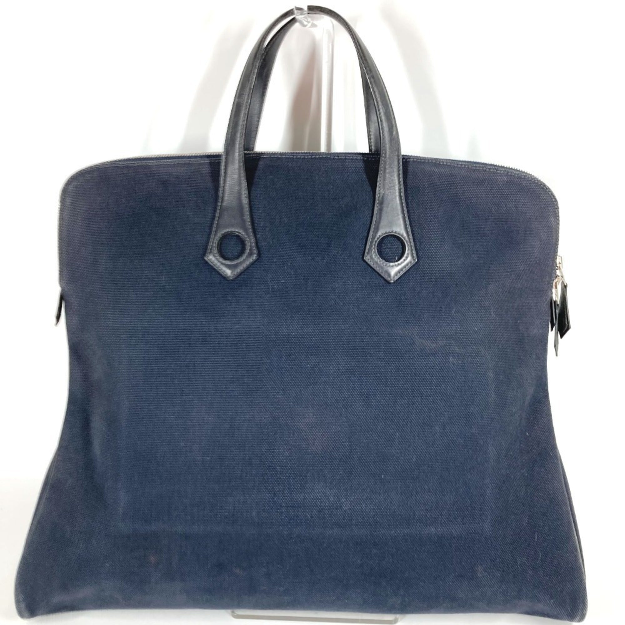 Hermes Black Navy Canvas Leather Boston Bag Handbag Tote Bag (Pre-Owned)