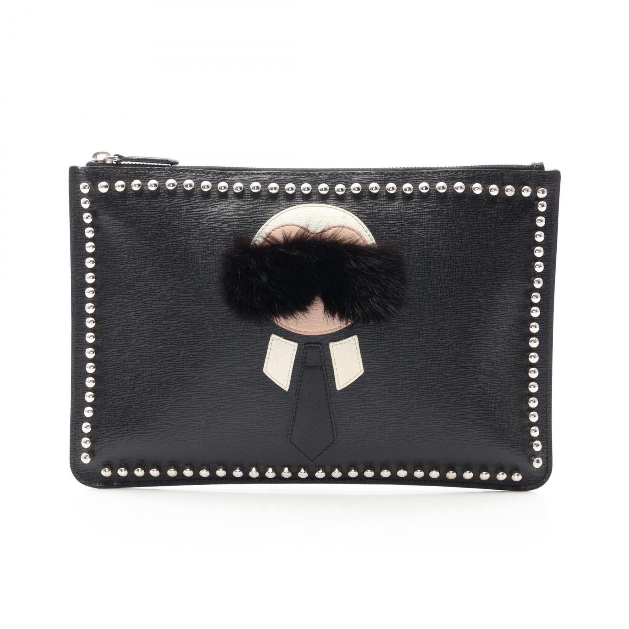 Fendi Black Leather Clutch Bag Handbag (Pre-Owned)