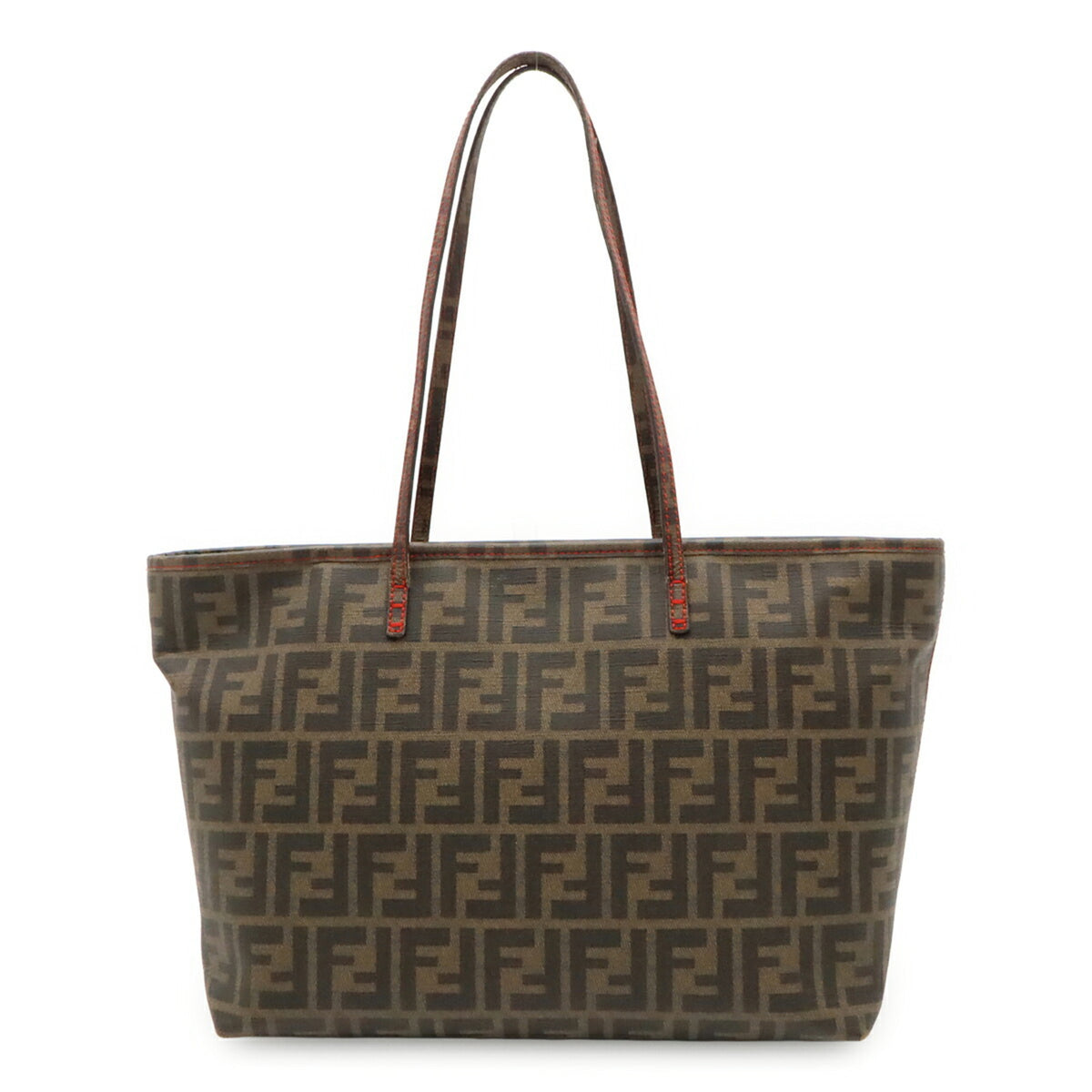 Fendi Dark Brown Khaki Brown Red Color Coated Canvas Leather Shoulder Bag Tote Bag (Pre-Owned)