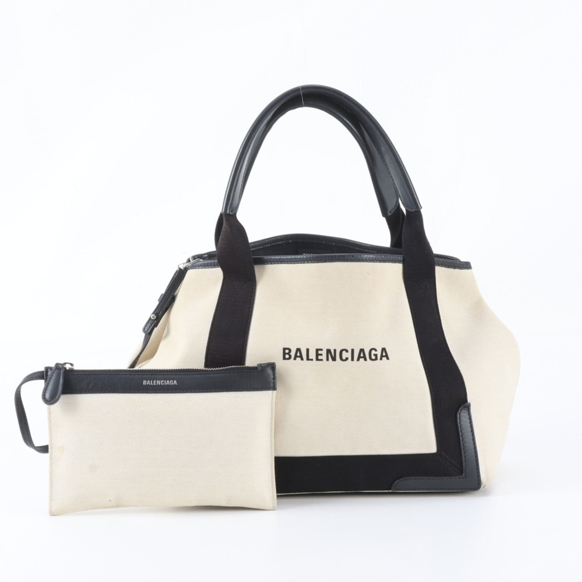 Balenciaga Beige Black Canvas Leather Handbag Pouch Tote Bag (Pre-Owned)