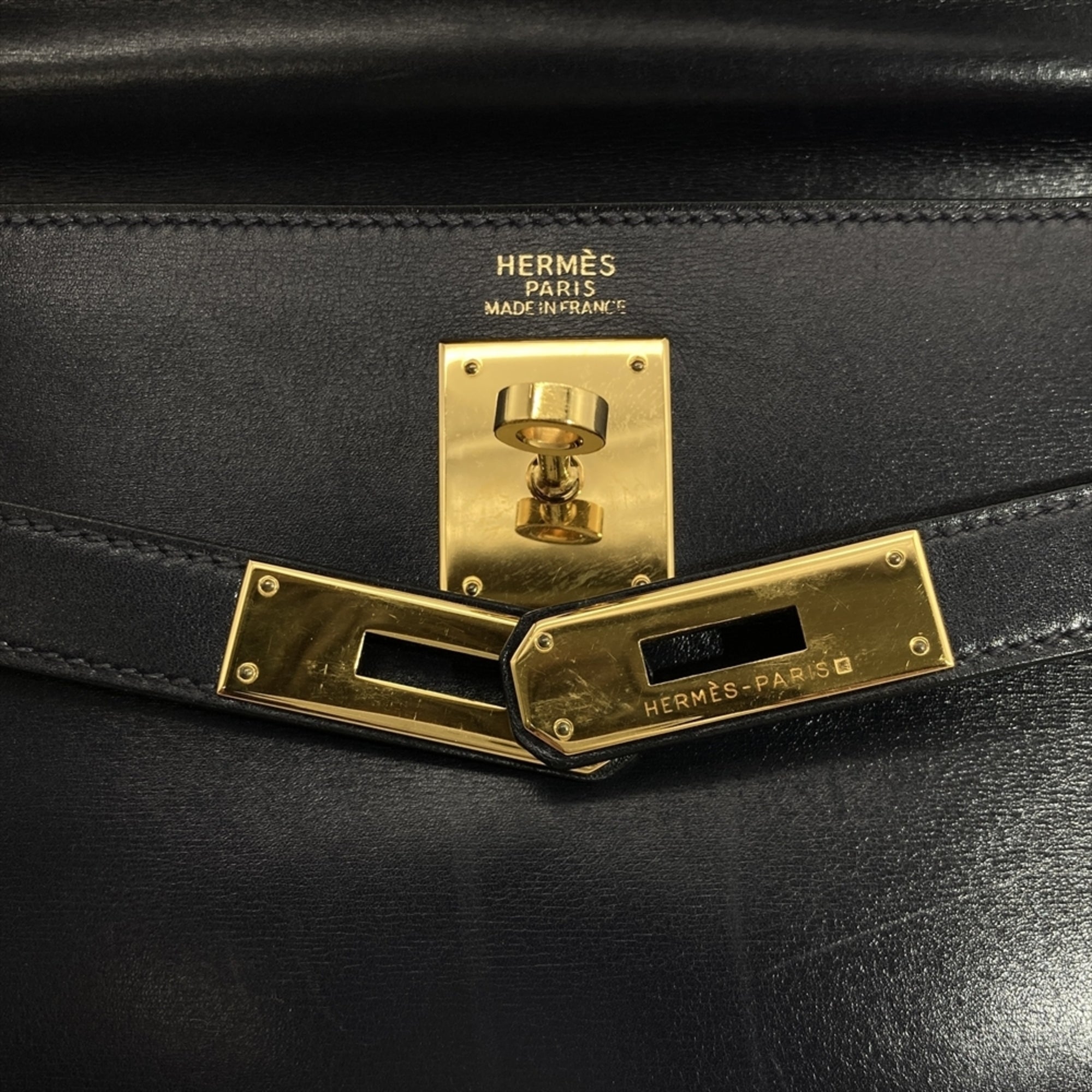 Hermes Navy Box Calf Leather Handbag (Pre-Owned)