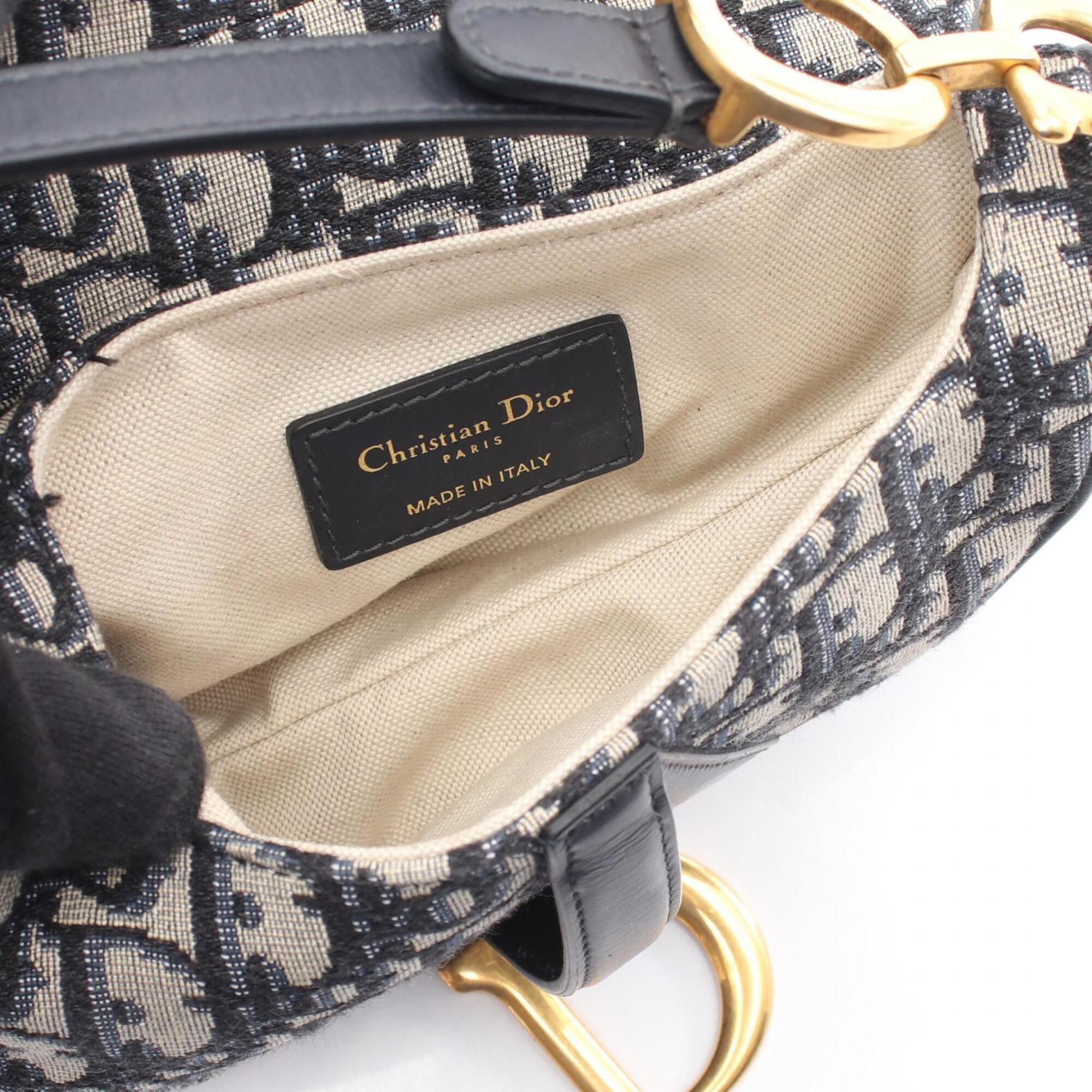 Christian Dior Beige Black Navy Canvas Leather Handbag Saddle Bag (Pre-Owned)