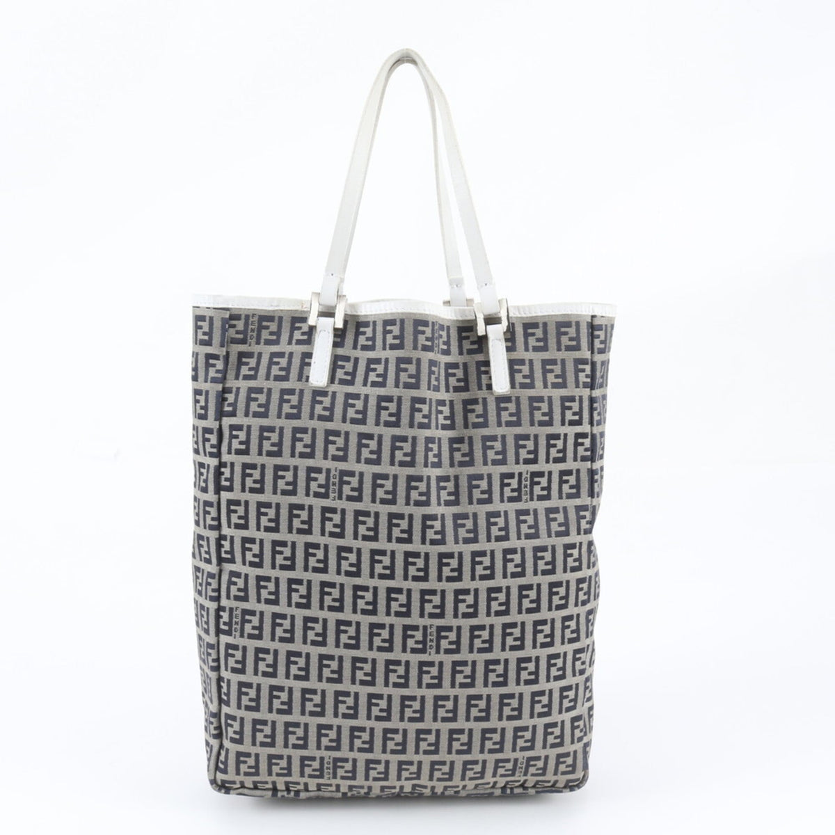 Fendi Gray Navy White Leather Canvas Shoulder Bag Tote Bag (Pre-Owned)