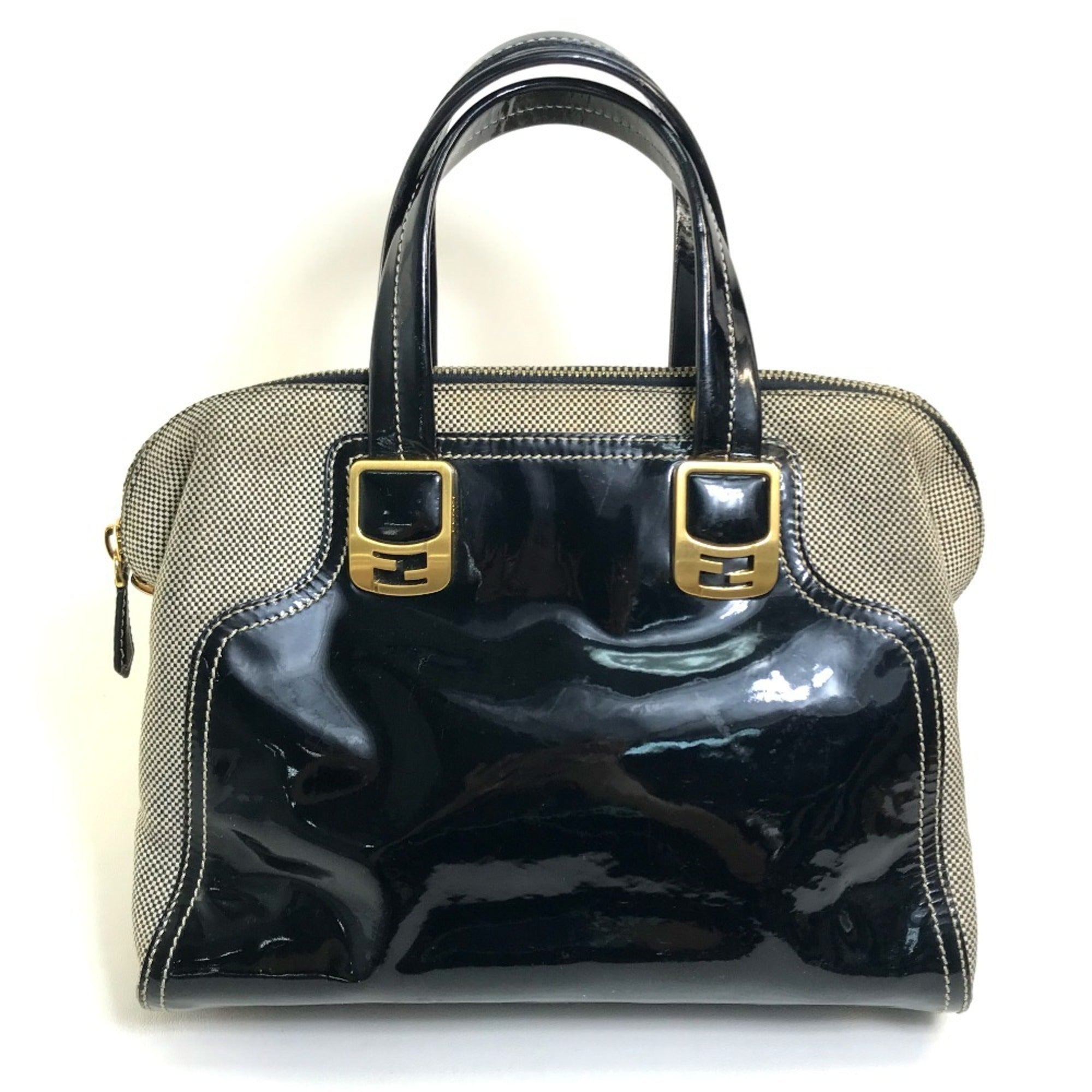 Fendi Chameleon Black Canvas Patent Leather Handbag Shoulder Bag (Pre-Owned)