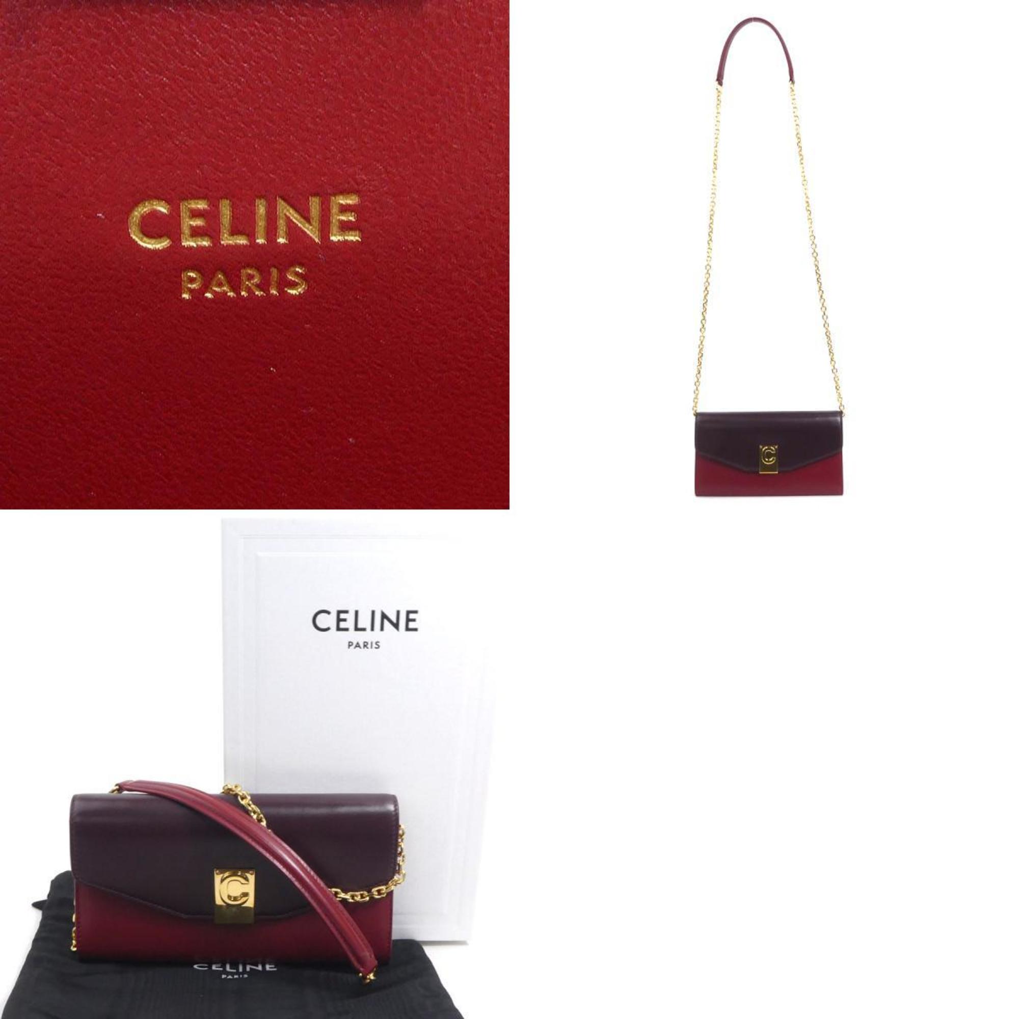 Celine Bordeaux Red Color Leather Chain/Shoulder Wallet (Pre-Owned)