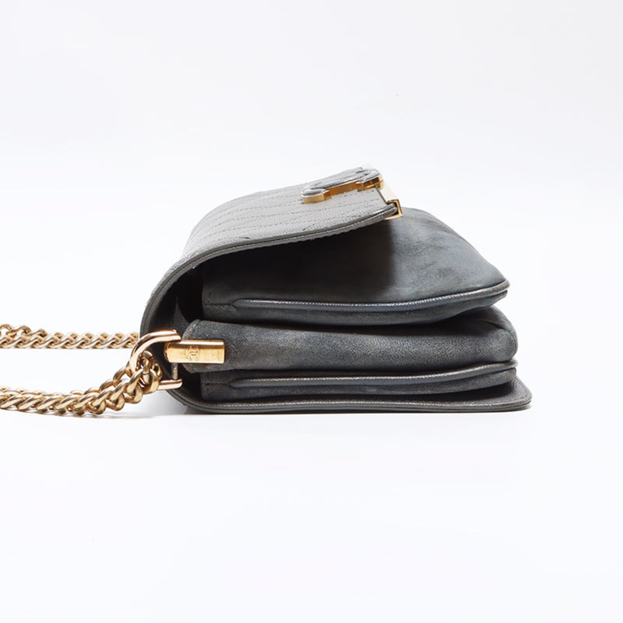 Chanel Gray Grained Calfskin Suede Shoulder Bag (Pre-Owned)