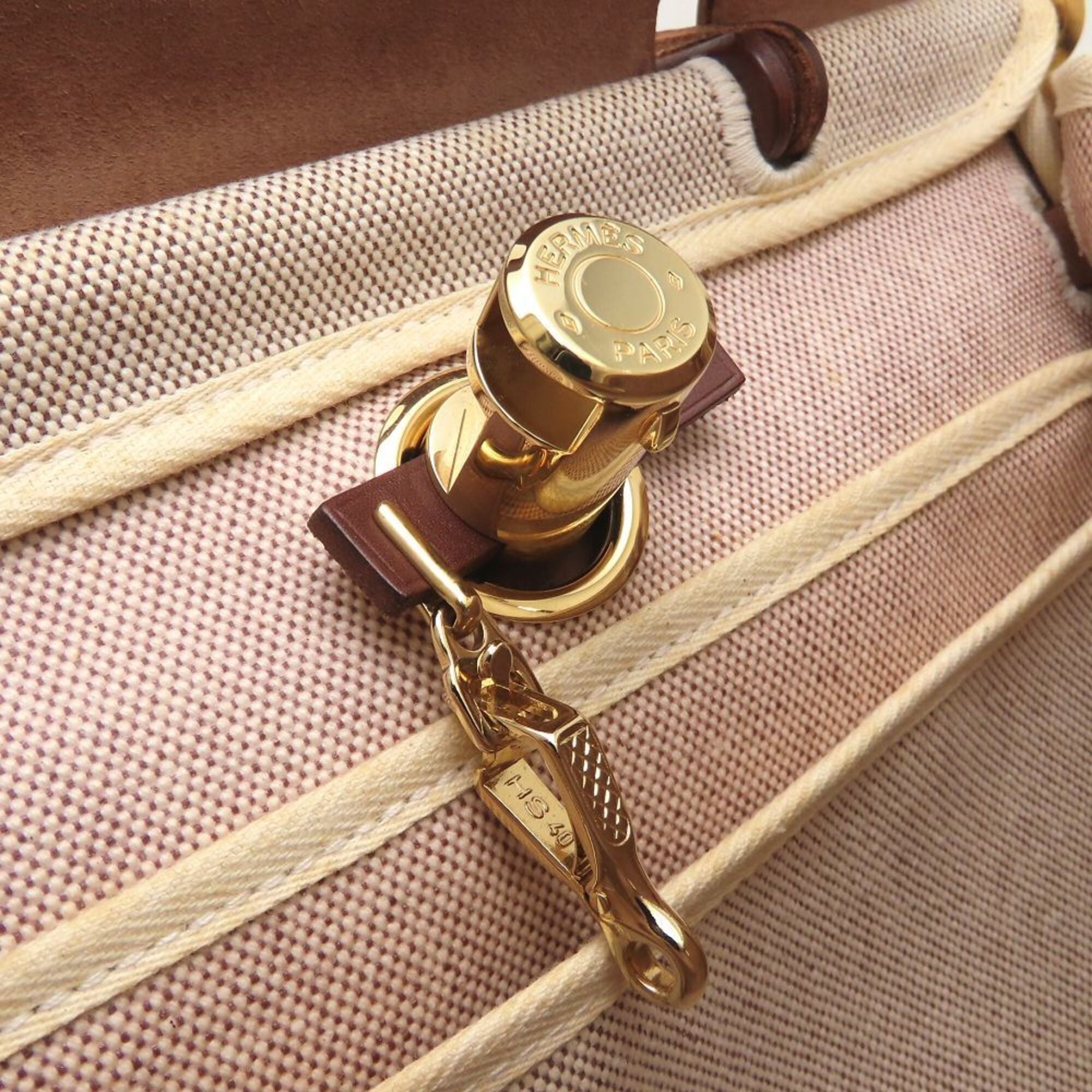 Hermes Her Bag Beige Brown Toile Officier Leather Shoulder Bag (Pre-Owned)