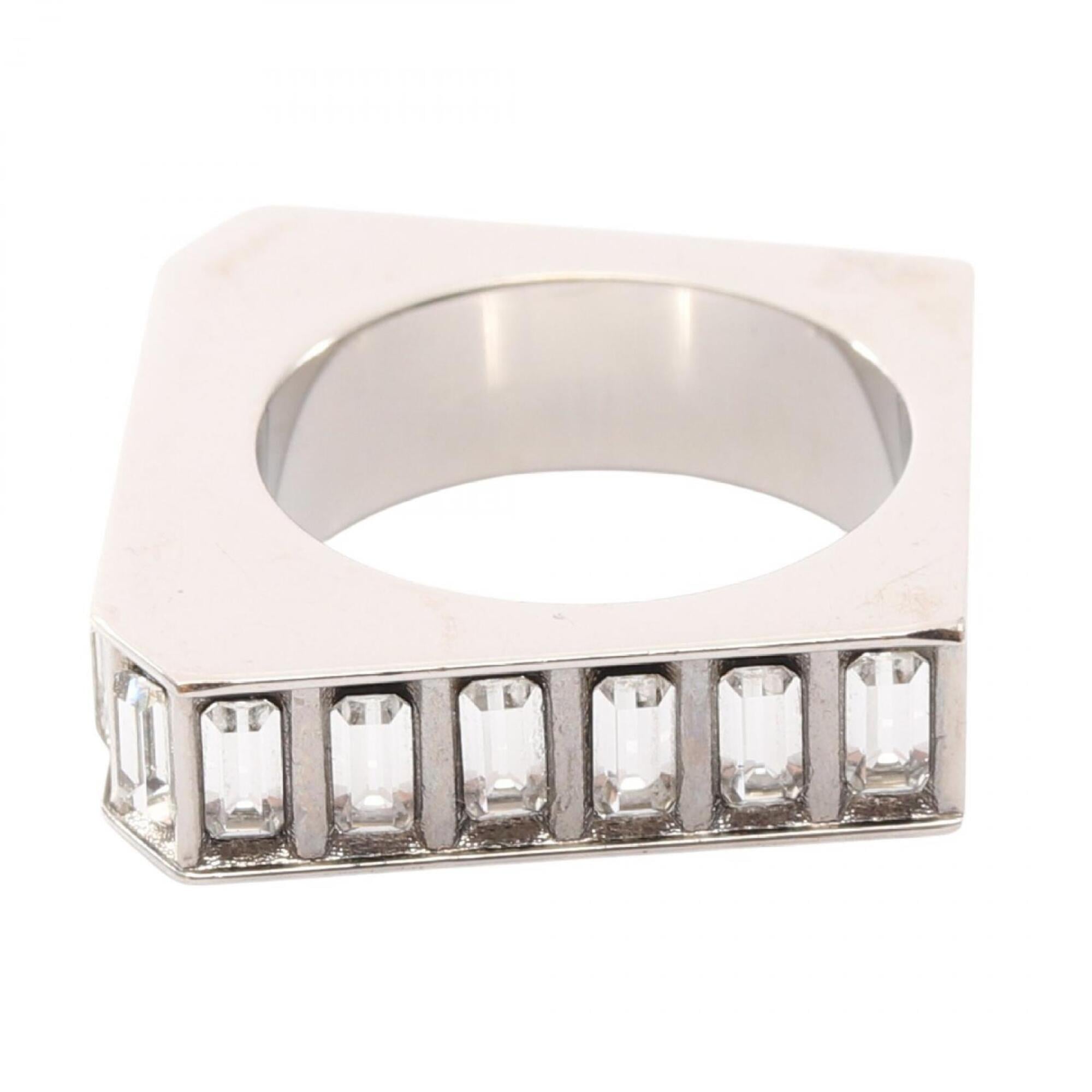 Yves Saint Laurent Silver Clear Rhinestone Stainless Steel Band Ring (Pre-Owned)