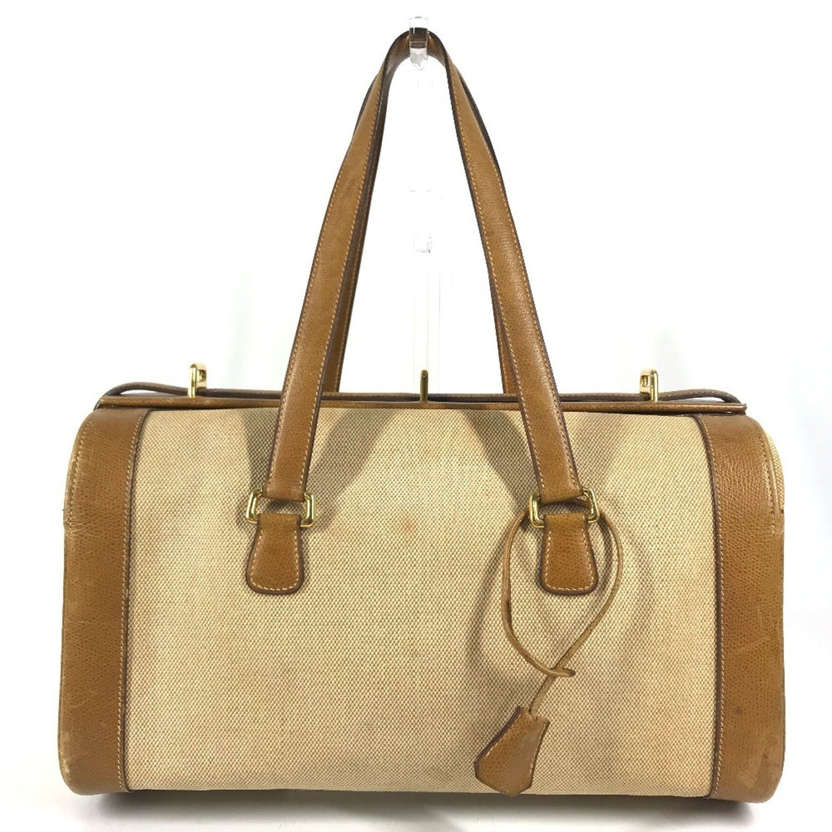 Hermes Beige Brown Leather Canvas Boston Bag Shoulder Bag Vanity Bag (Pre-Owned)