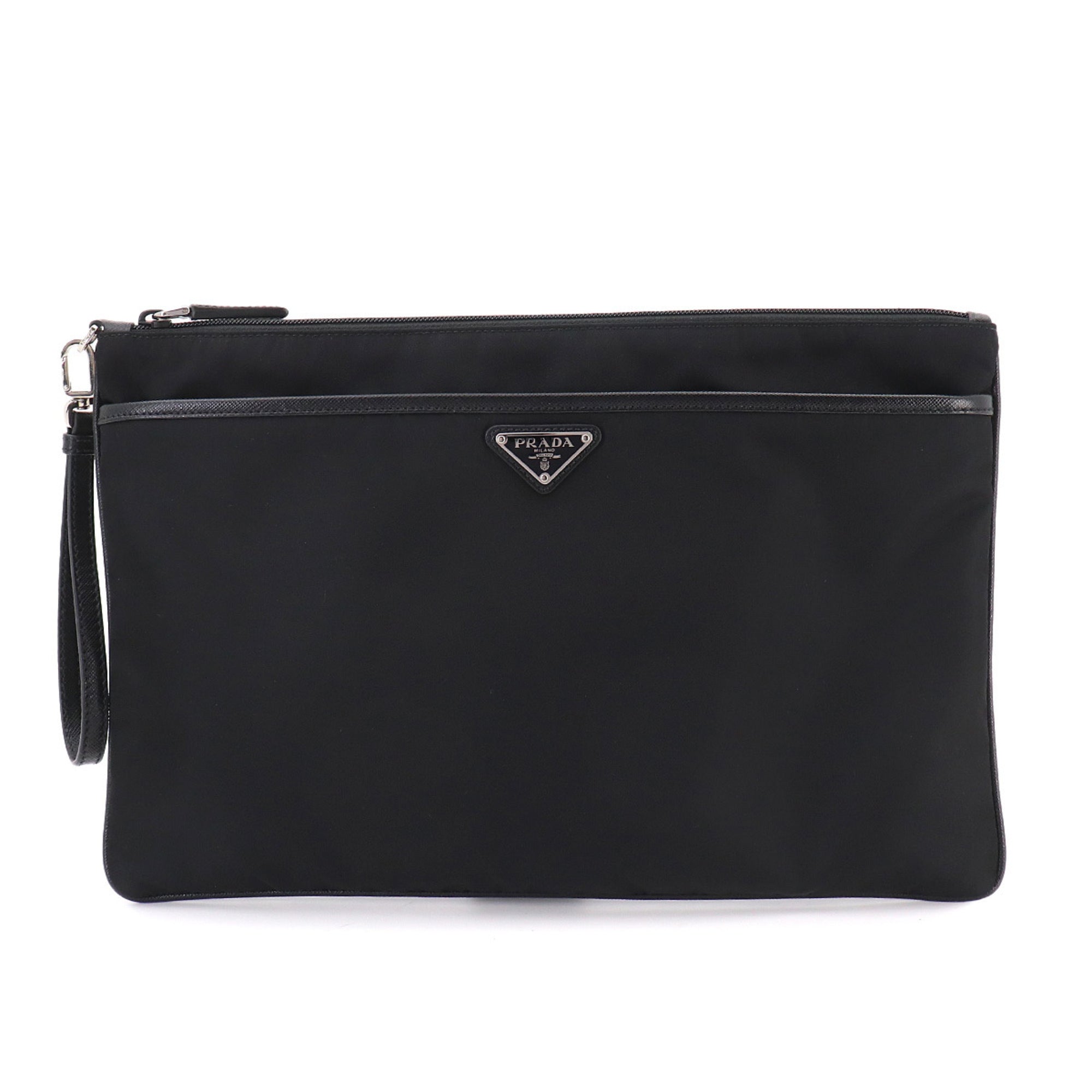 Prada Black Nylon Leather Clutch Bag Handbag (Pre-Owned)