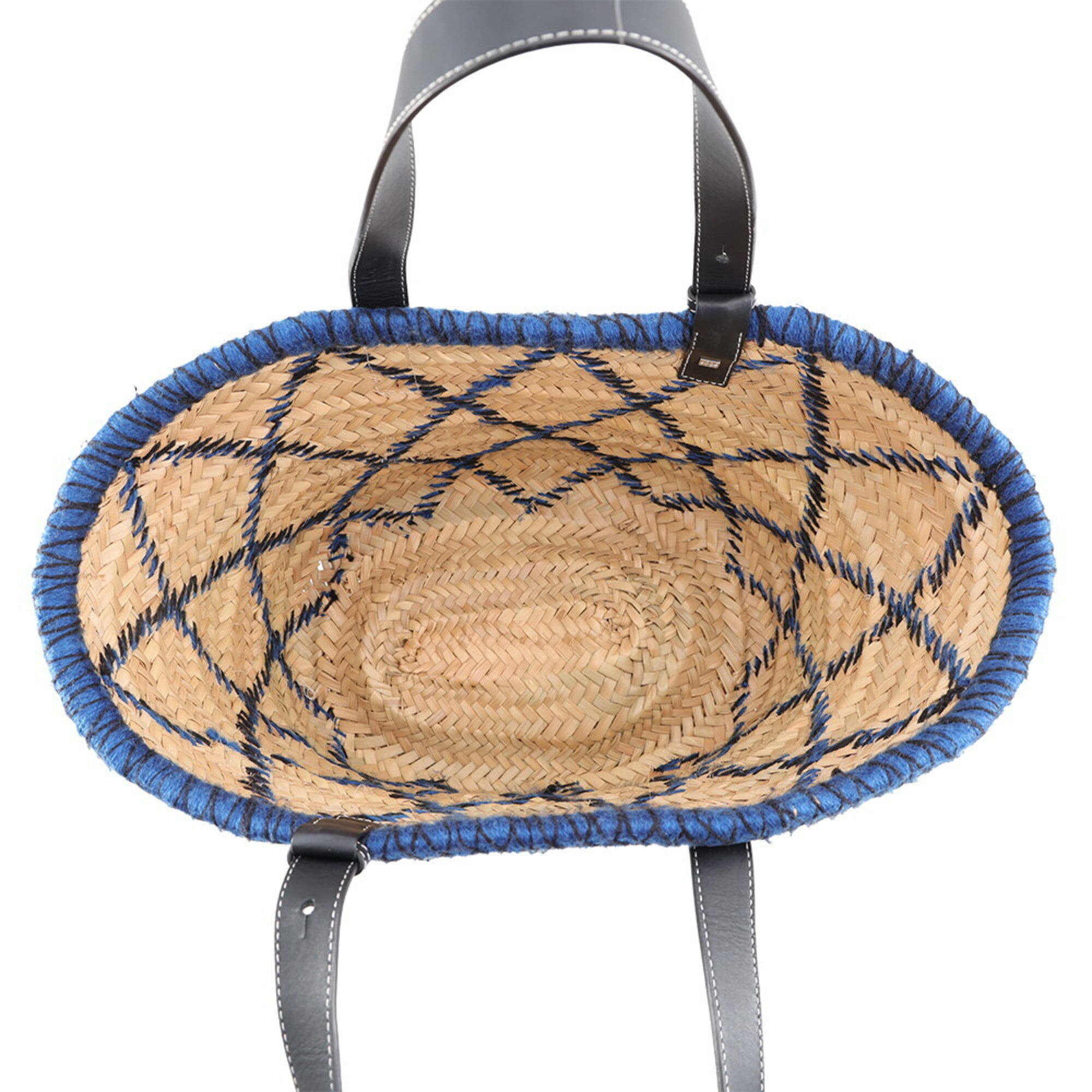 Loewe Beige Blue Navy Raffia Leather Basket Handbag (Pre-Owned)