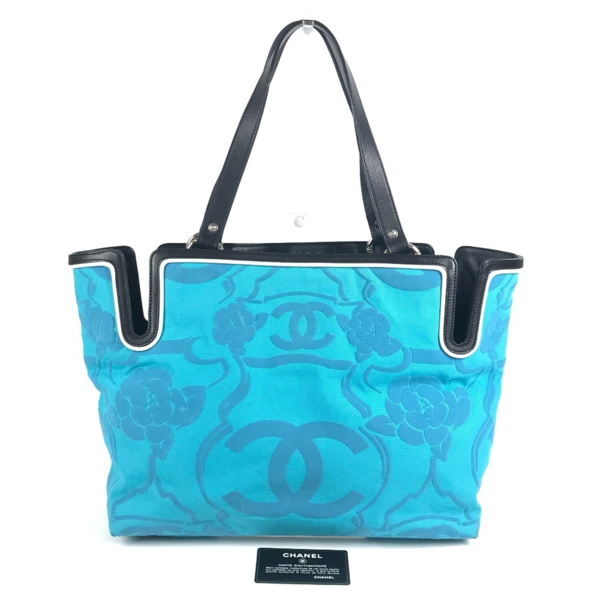 Chanel Black Blue Leather Canvas Shoulder Bag Tote Bag (Pre-Owned)