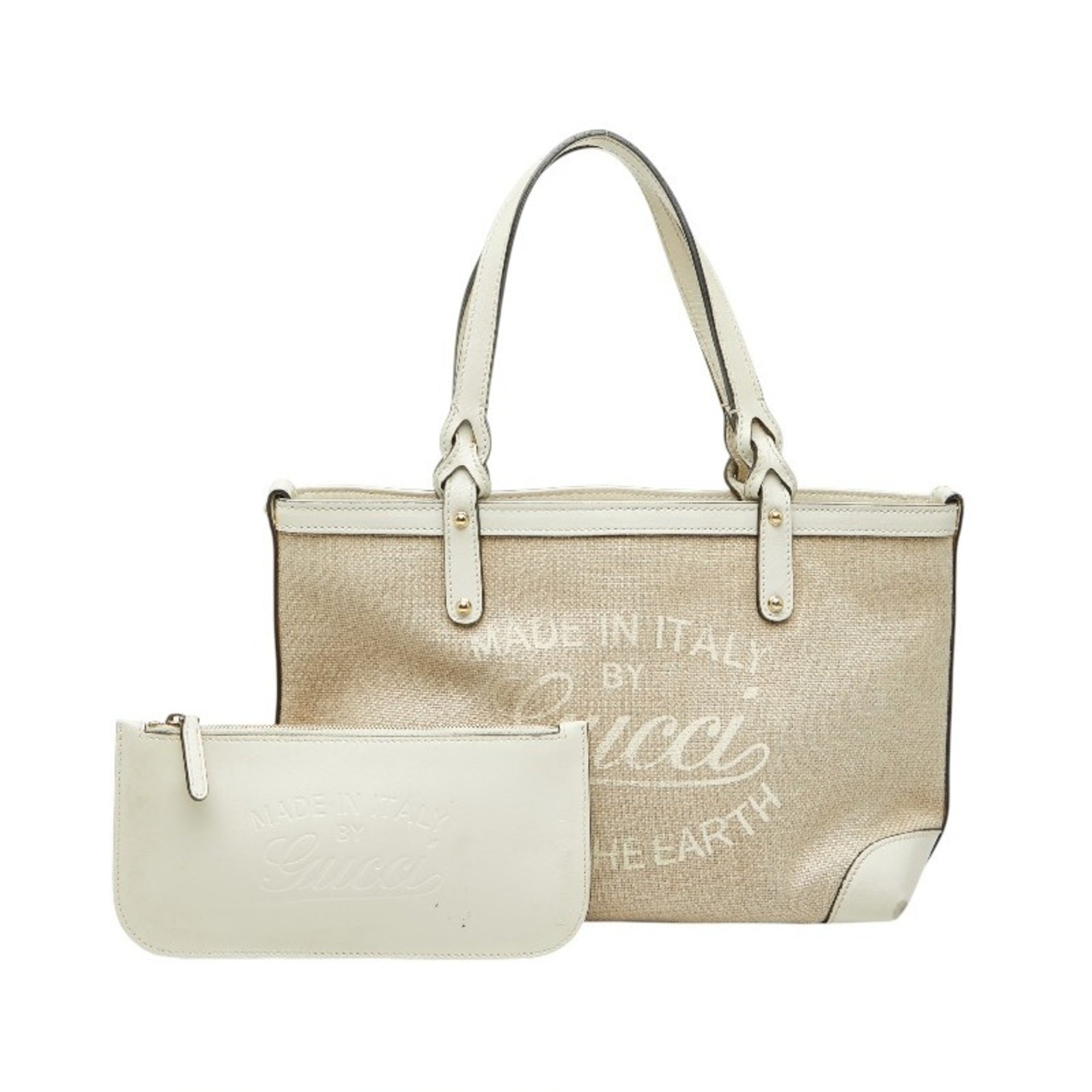 Gucci Beige White Canvas Leather Shoulder Bag Tote Bag (Pre-Owned)