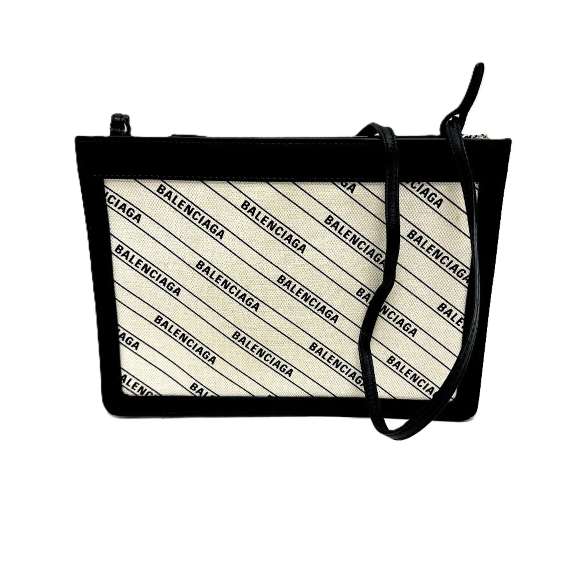 Balenciaga Black White Leather Canvas Pochette Shoulder Bag (Pre-Owned)