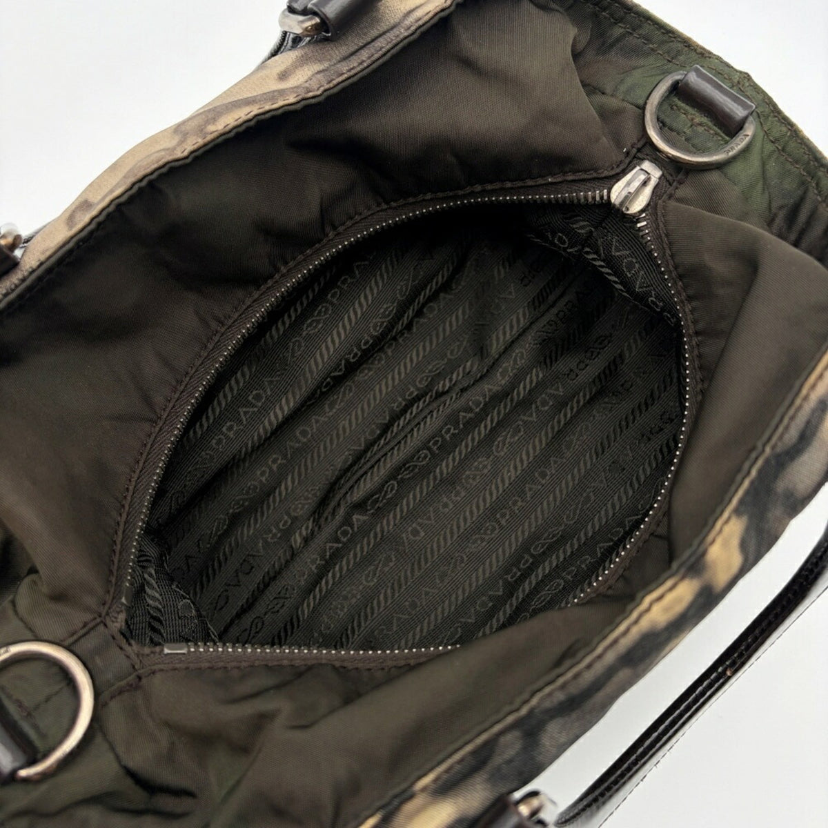 Prada Beige Black Brown Khaki Nylon Patent Leather Handbag Shoulder Bag (Pre-Owned)
