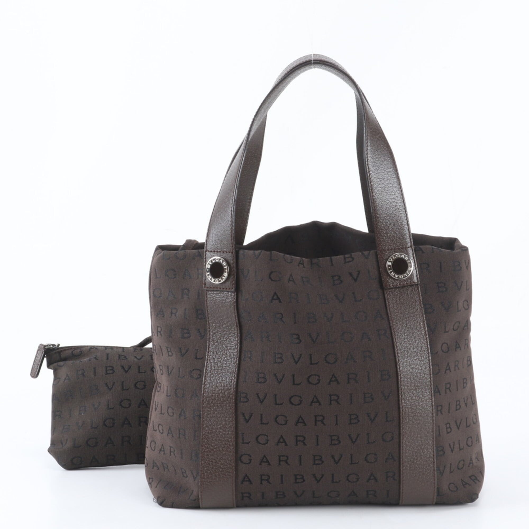 Bvlgari Logomania Brown Leather Canvas Handbag Tote Bag (Pre-Owned)