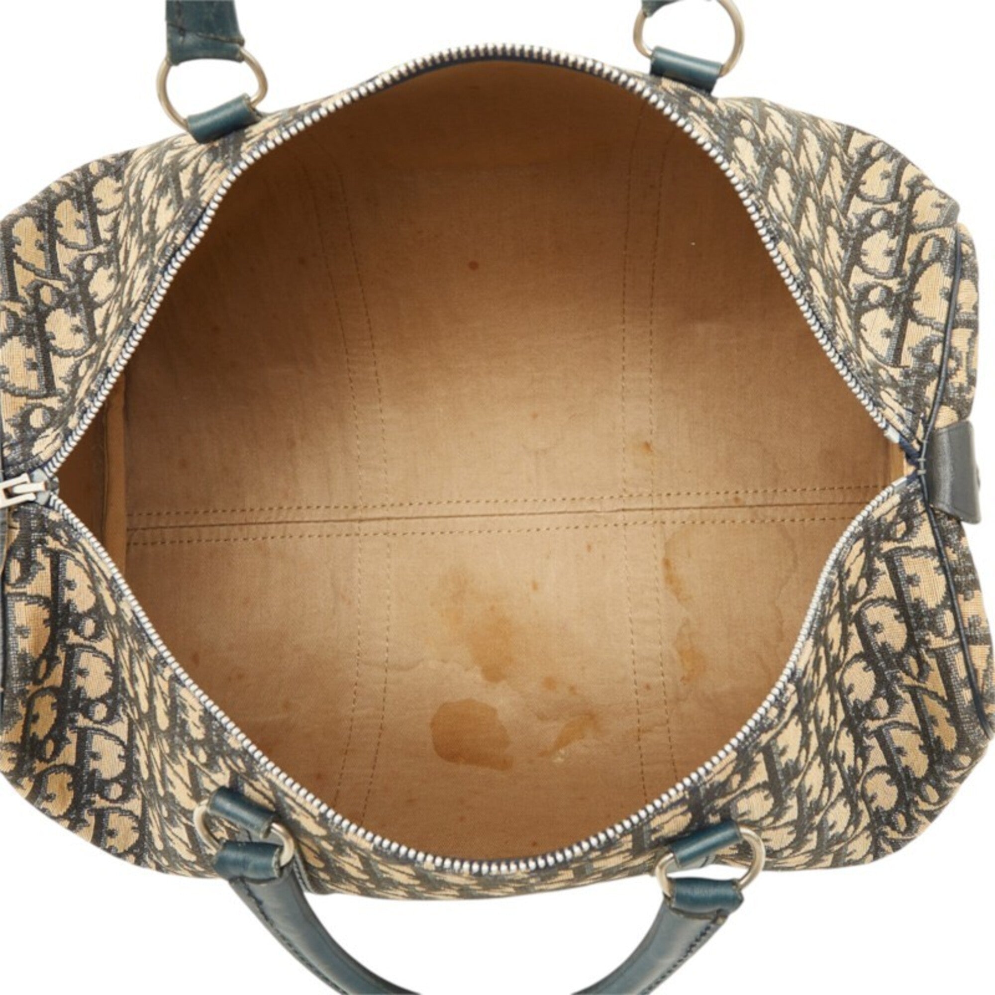 Christian Dior Beige Navy Canvas Leather Boston Bag Handbag (Pre-Owned)