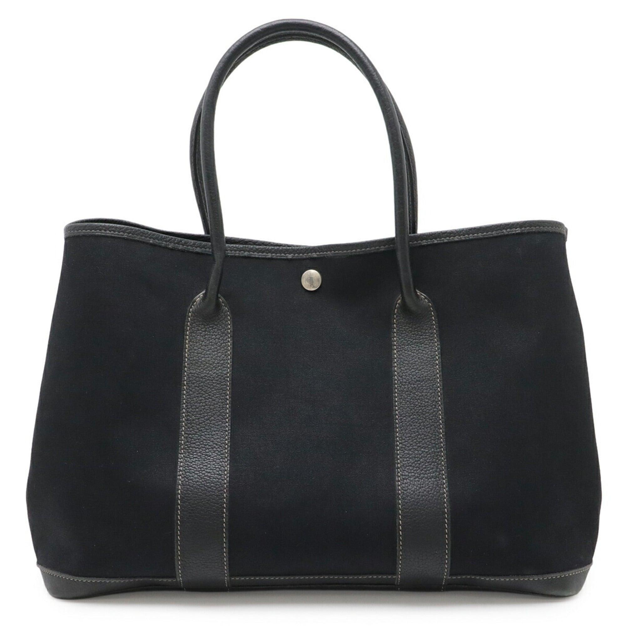 Hermes Garden Black Toile Officier Leather Handbag Tote Bag (Pre-Owned)