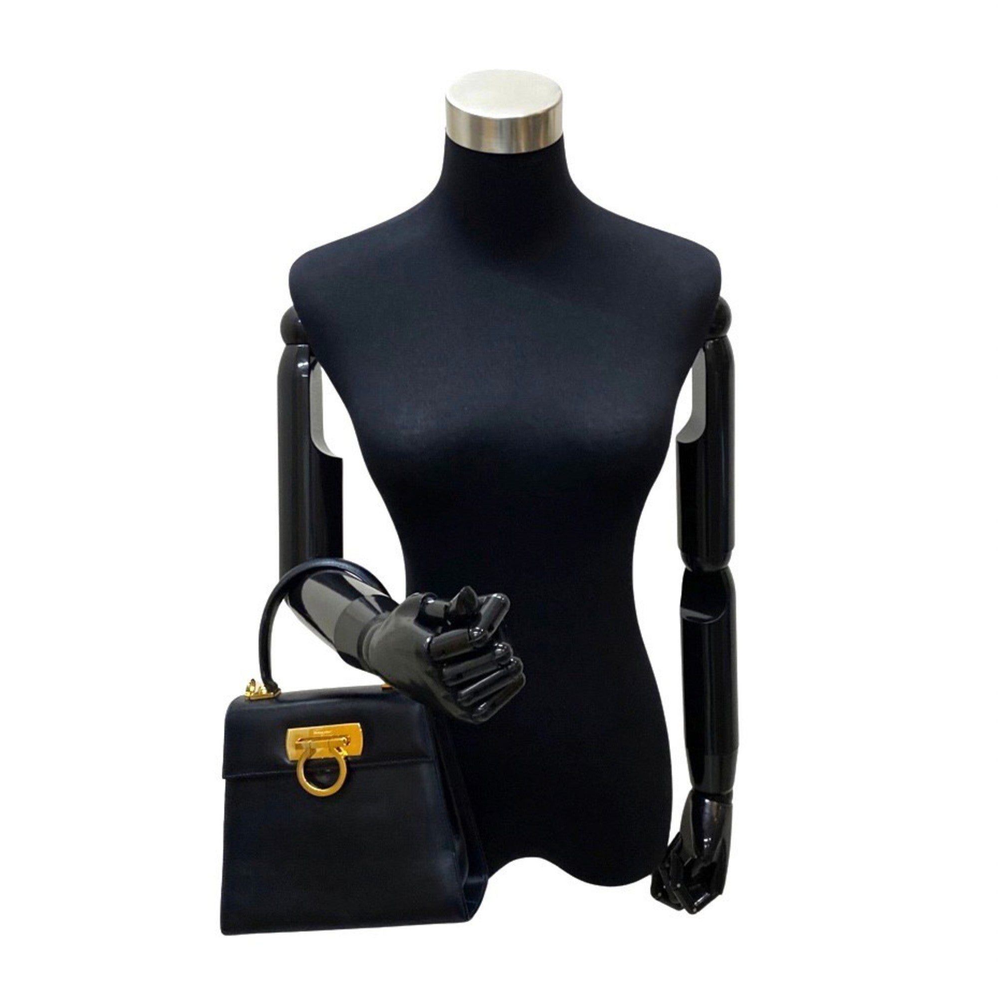 Salvatore Ferragamo Gancini Gold Navy Leather Handbag Shoulder Bag (Pre-Owned)