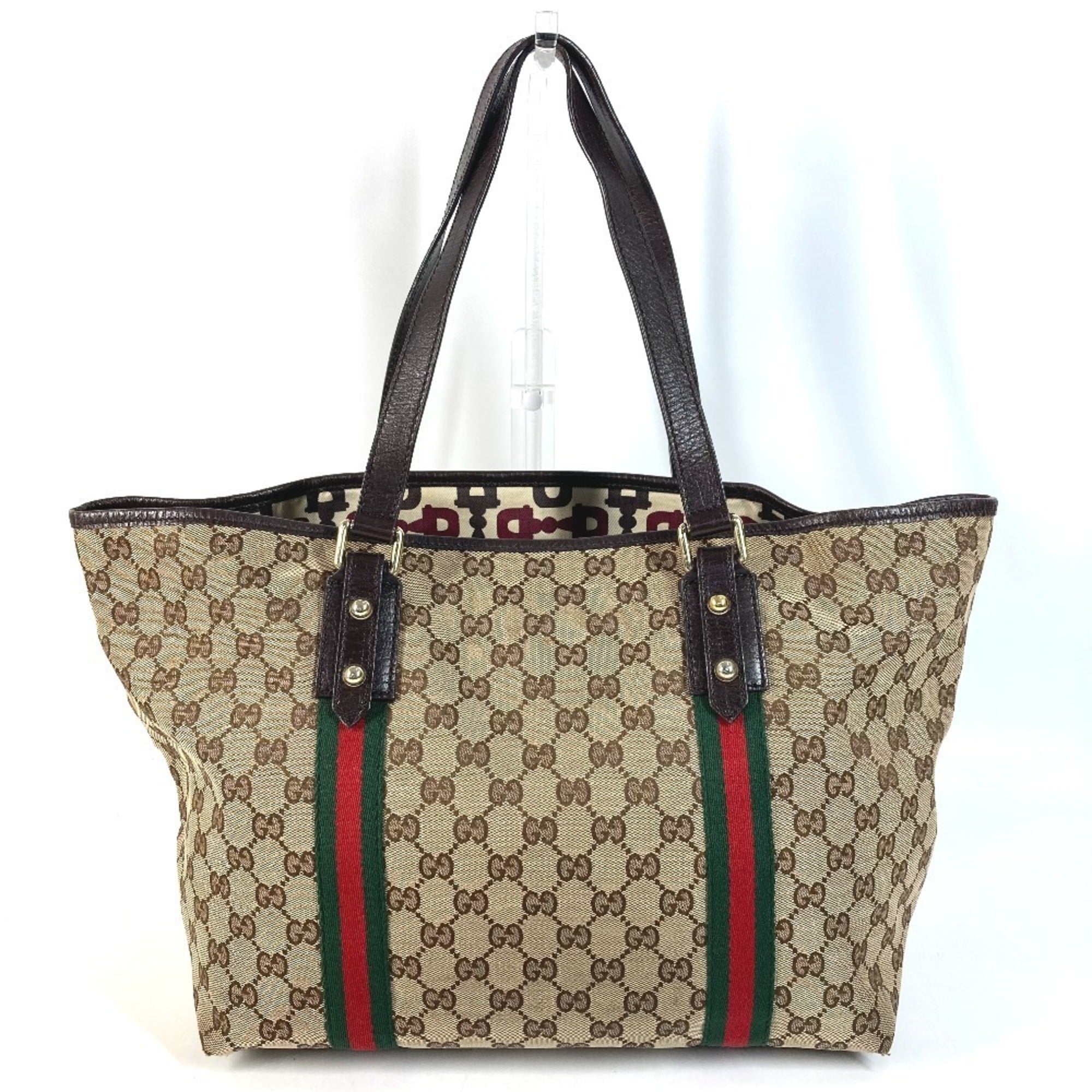 Gucci Sherry Line Beige Dark Brown Gg Canvas Leather Shoulder Bag Tote Bag (Pre-Owned)