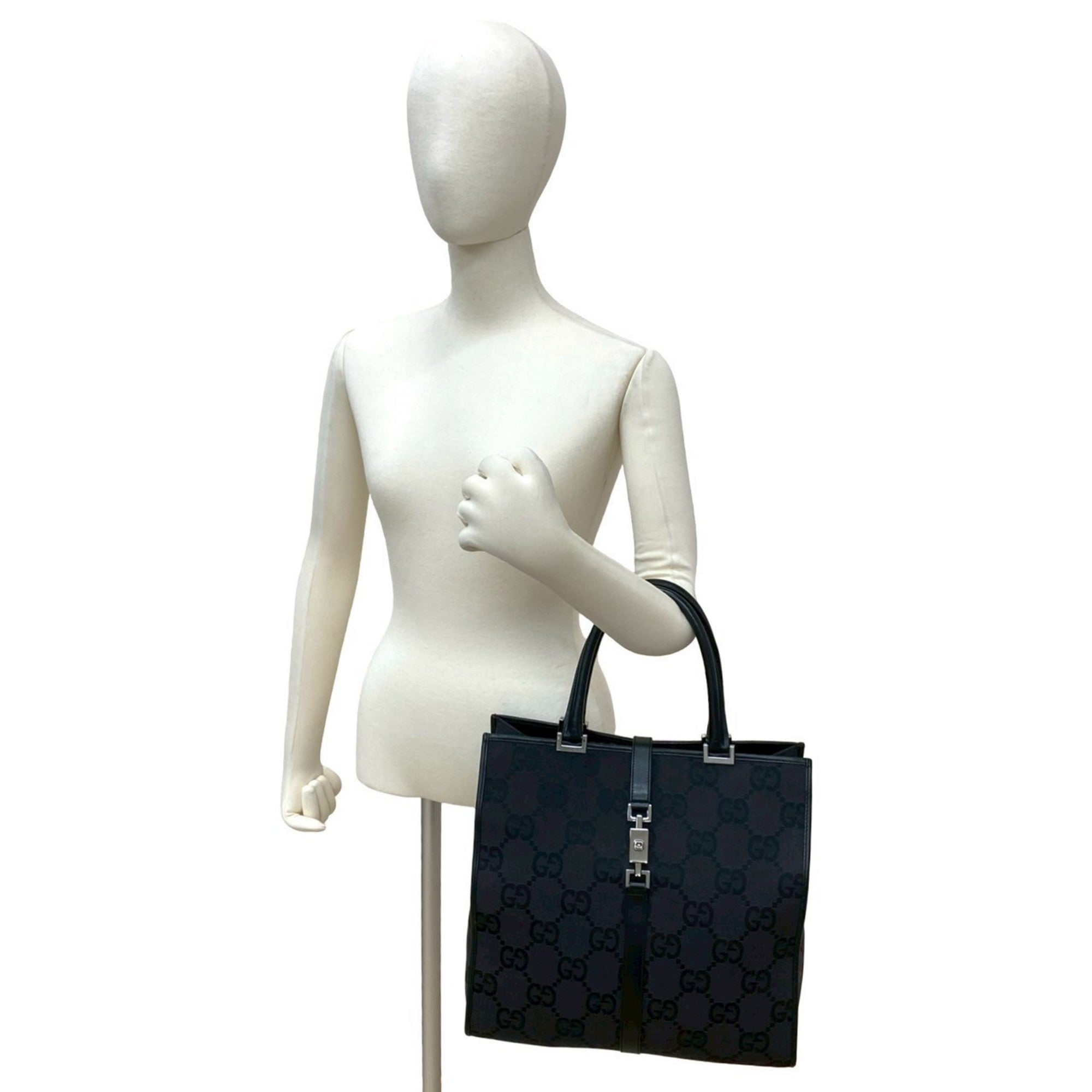 Gucci Black Gray Canvas Leather Handbag Tote Bag (Pre-Owned)