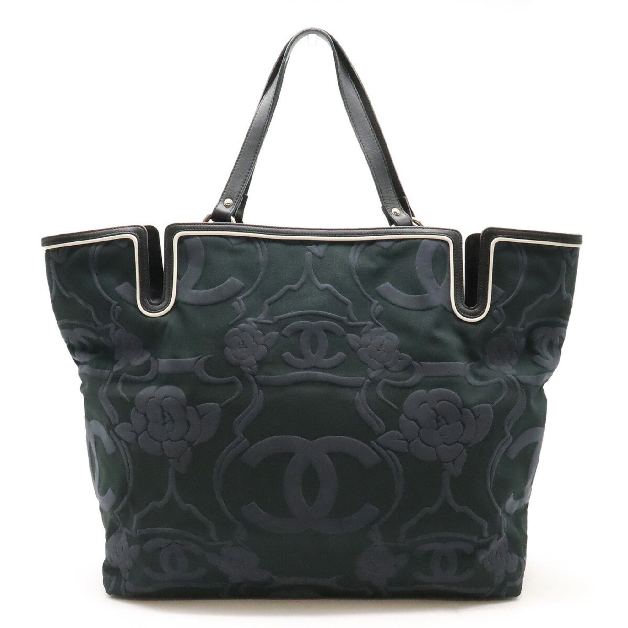 Chanel Black Navy Canvas Leather Shoulder Bag Tote Bag (Pre-Owned)