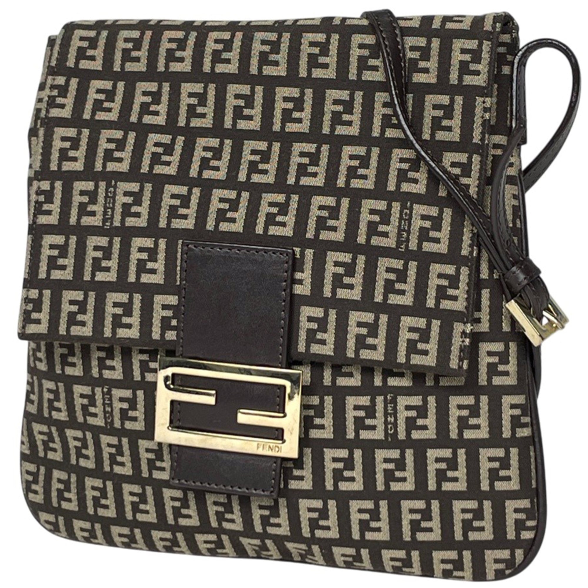 Fendi Zucchino Brown Canvas Leather Shoulder Bag (Pre-Owned)