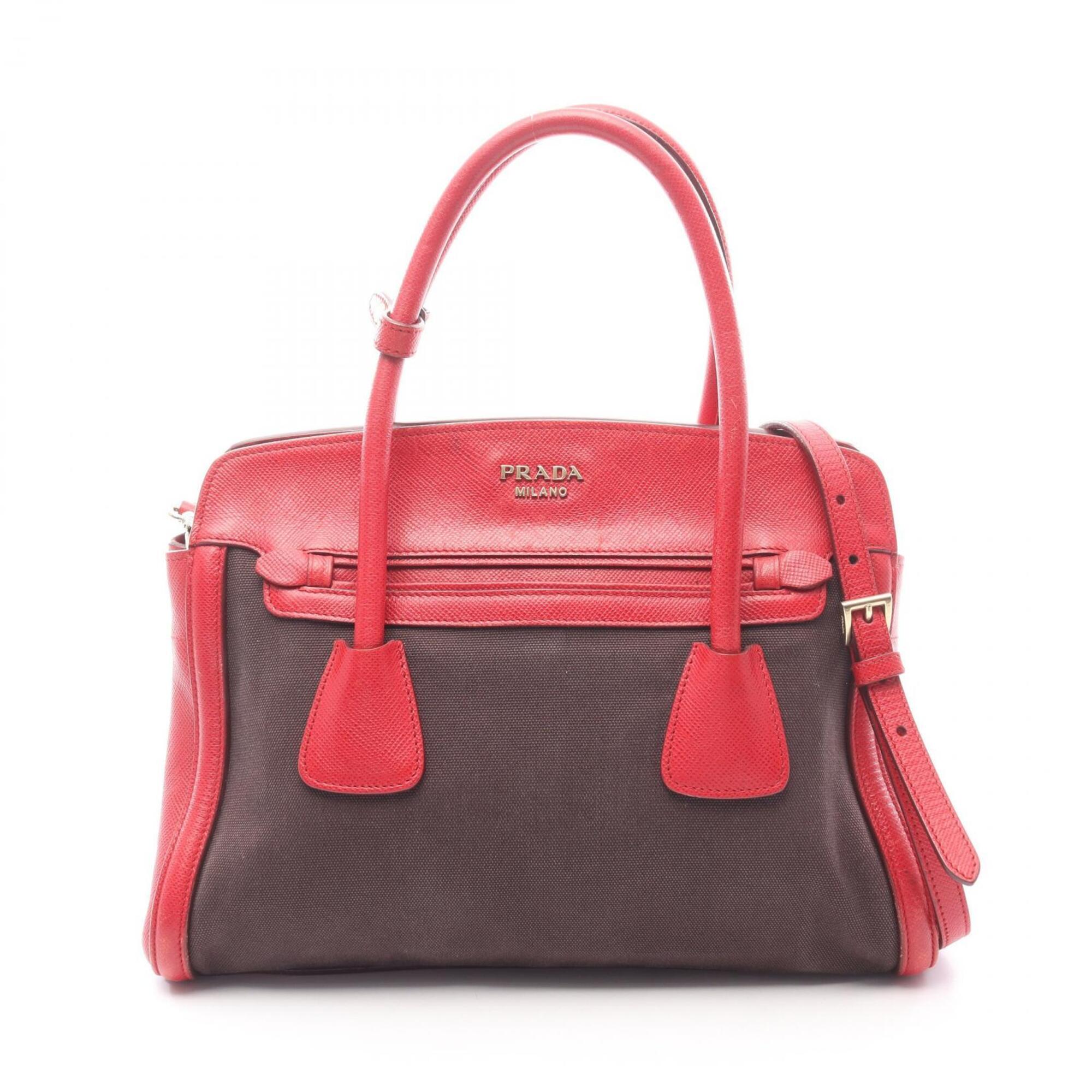 Prada Black Red Color Canvas Saffiano Handbag (Pre-Owned)