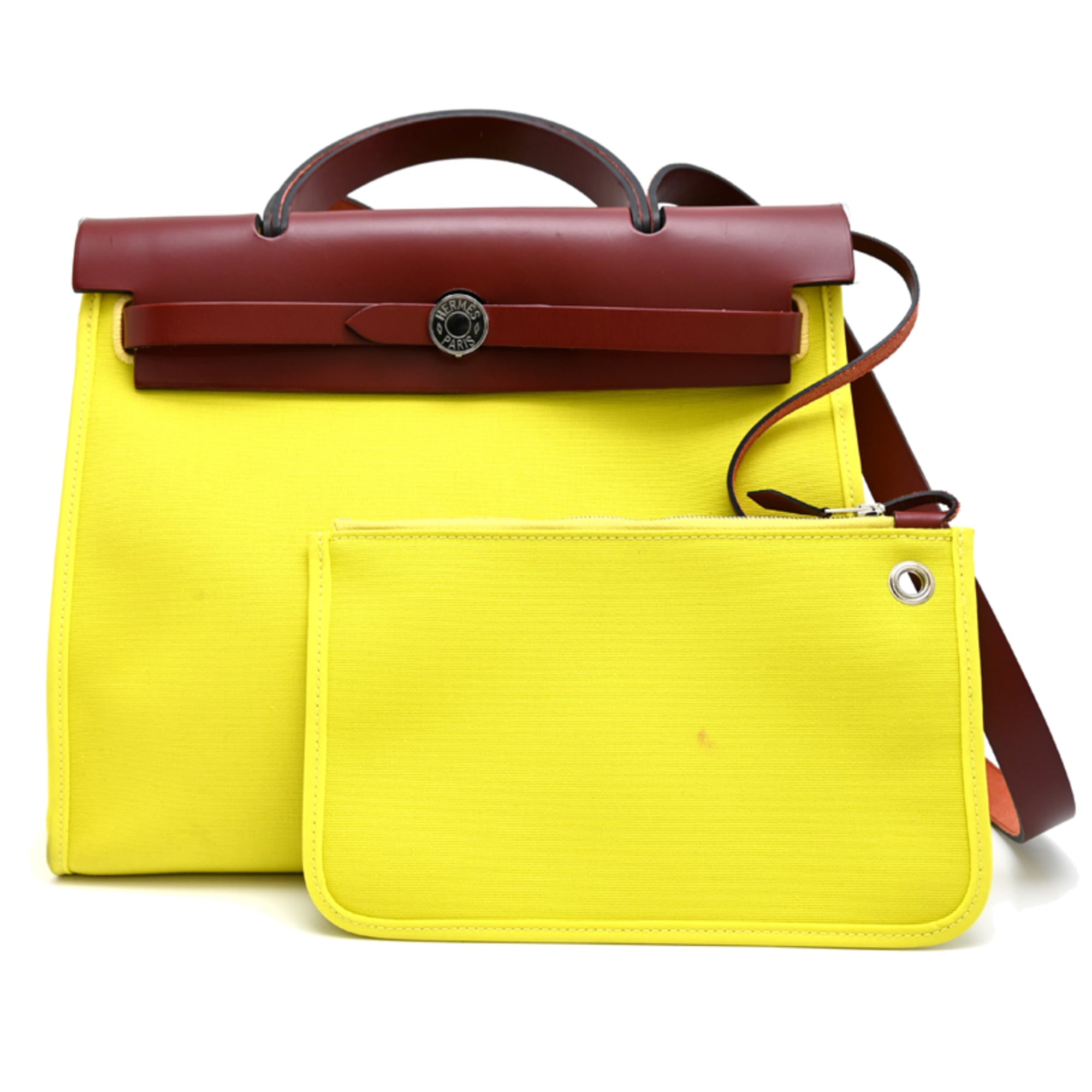 Hermes Yellow Toile Officier Leather Handbag (Pre-Owned)