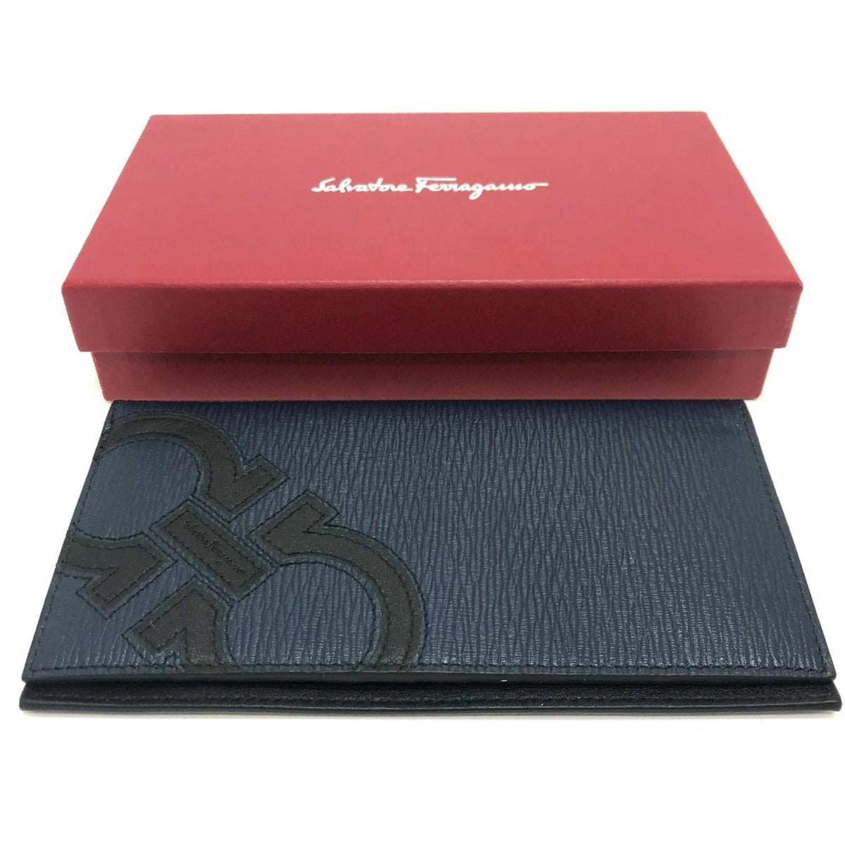 Salvatore Ferragamo Gancini Navy Leather Long Wallet (Bi-Fold) (Pre-Owned)