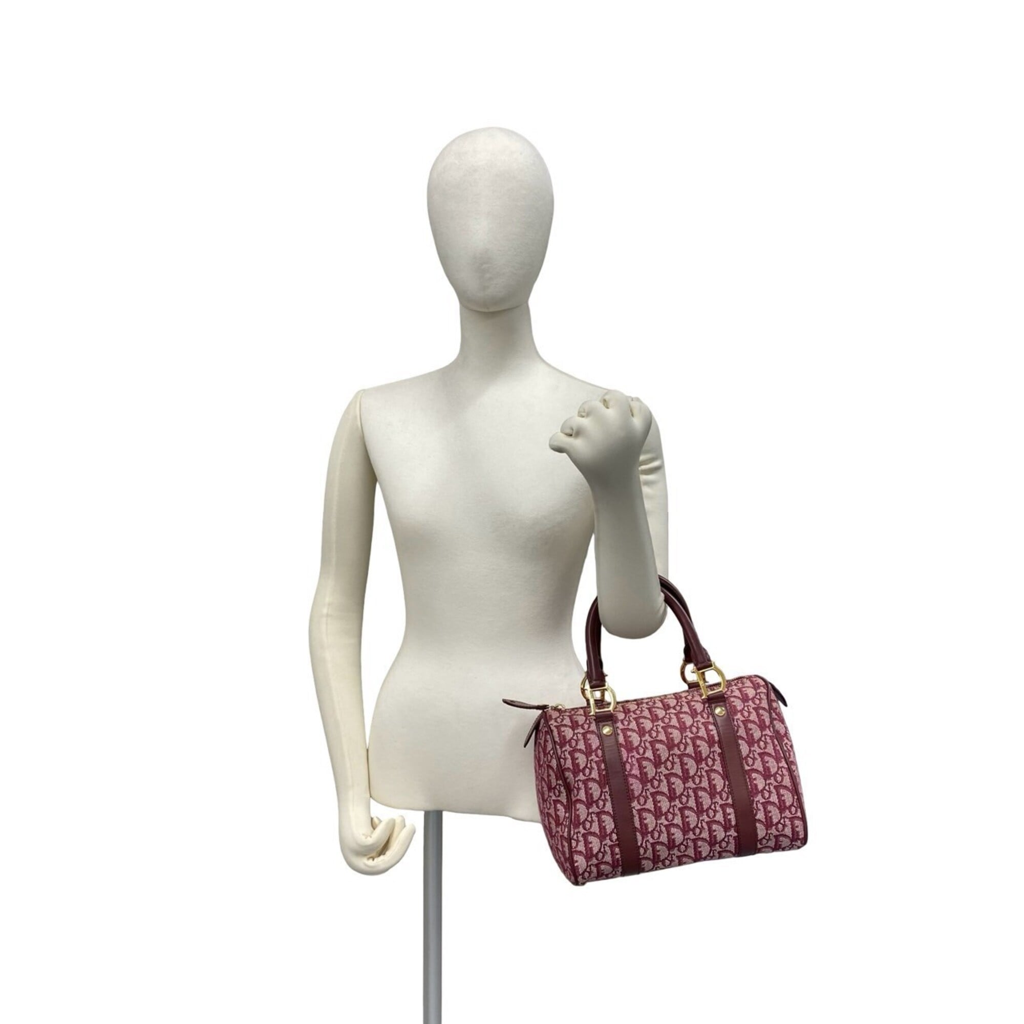 Christian Dior Red Color Wine Canvas Leather Boston Bag Handbag (Pre-Owned)