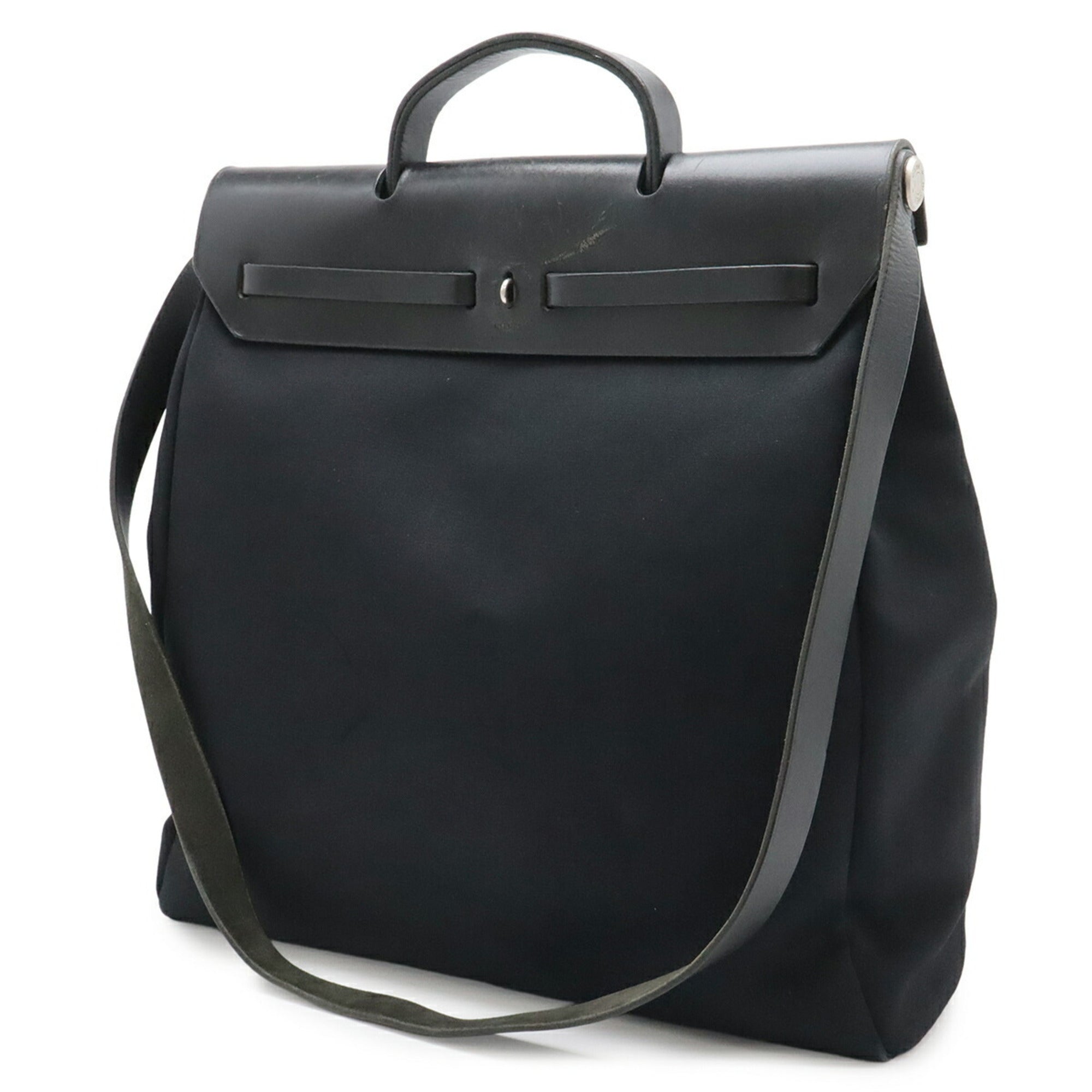 Hermes Her Bag Black Toile Officier Leather Handbag Shoulder Bag (Pre-Owned)