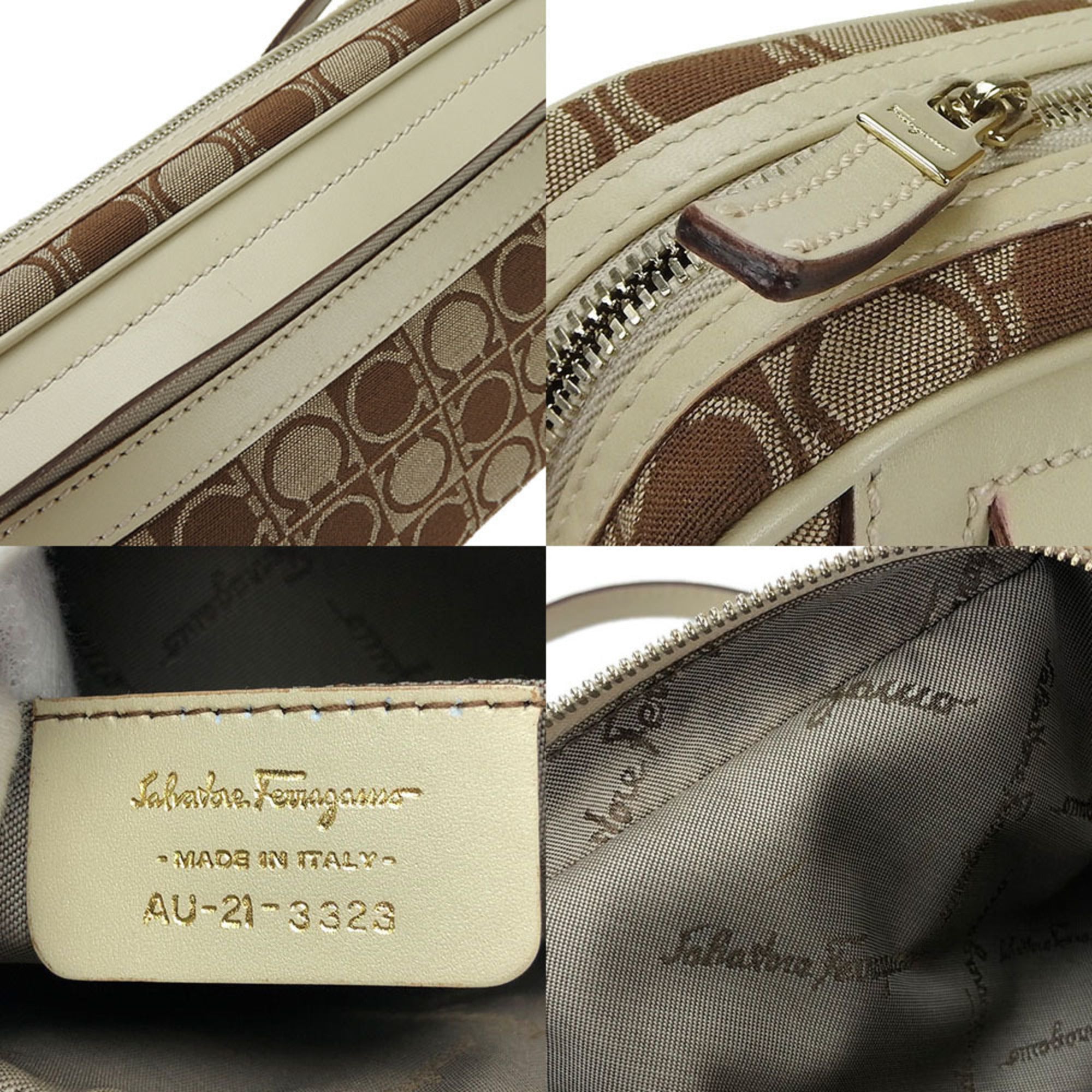 Salvatore Ferragamo Gancini Beige Brown Canvas Leather Shoulder Bag (Pre-Owned)