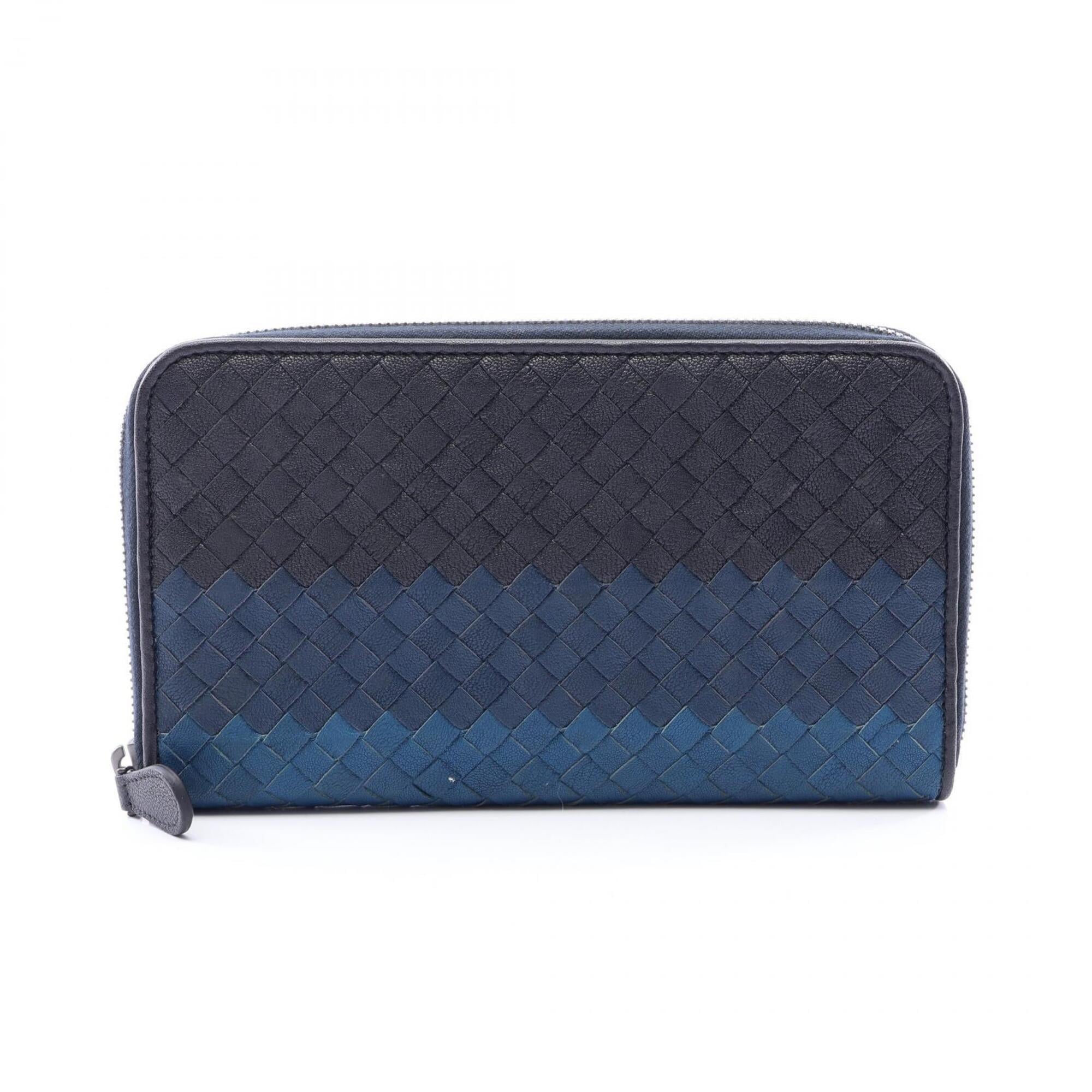 Bottega Veneta Black Blue Navy Intrecciato Long Wallet (Bi-Fold) (Pre-Owned)