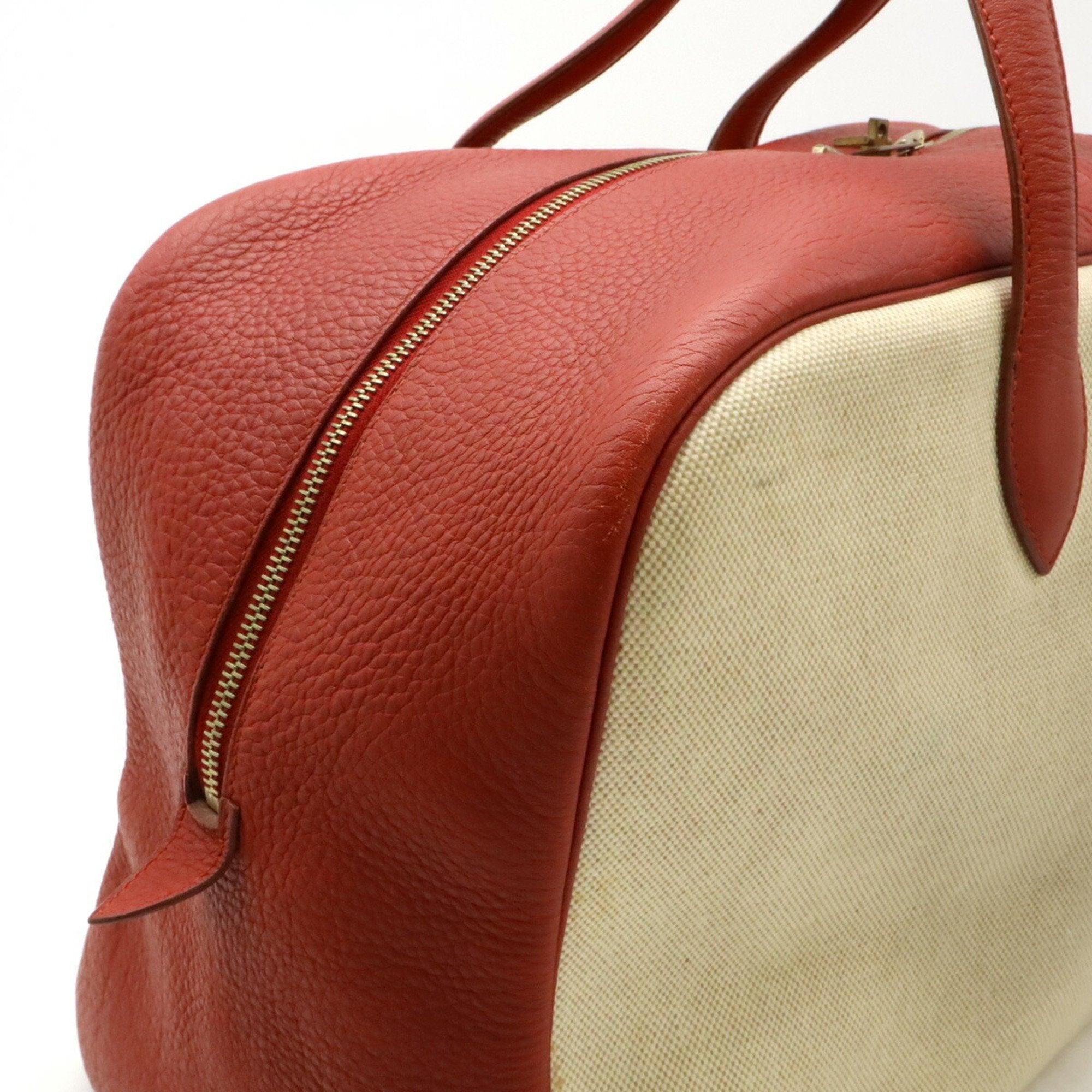 Hermes Beige Red Color Toile H Leather Boston Bag Handbag (Pre-Owned)