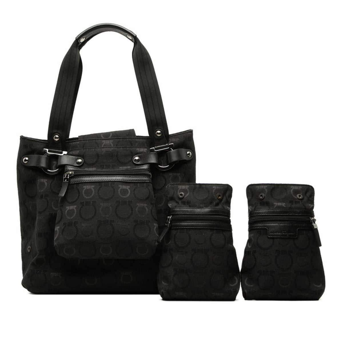 Salvatore Ferragamo Black Canvas Leather Handbag Pouch Tote Bag (Pre-Owned)