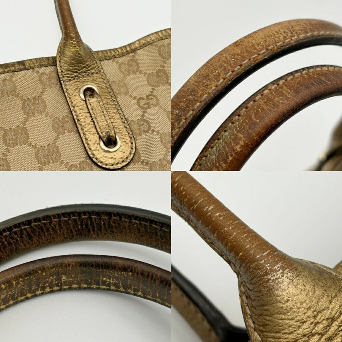 Gucci Beige Gold Gg Canvas Leather Shoulder Bag Tote Bag (Pre-Owned)