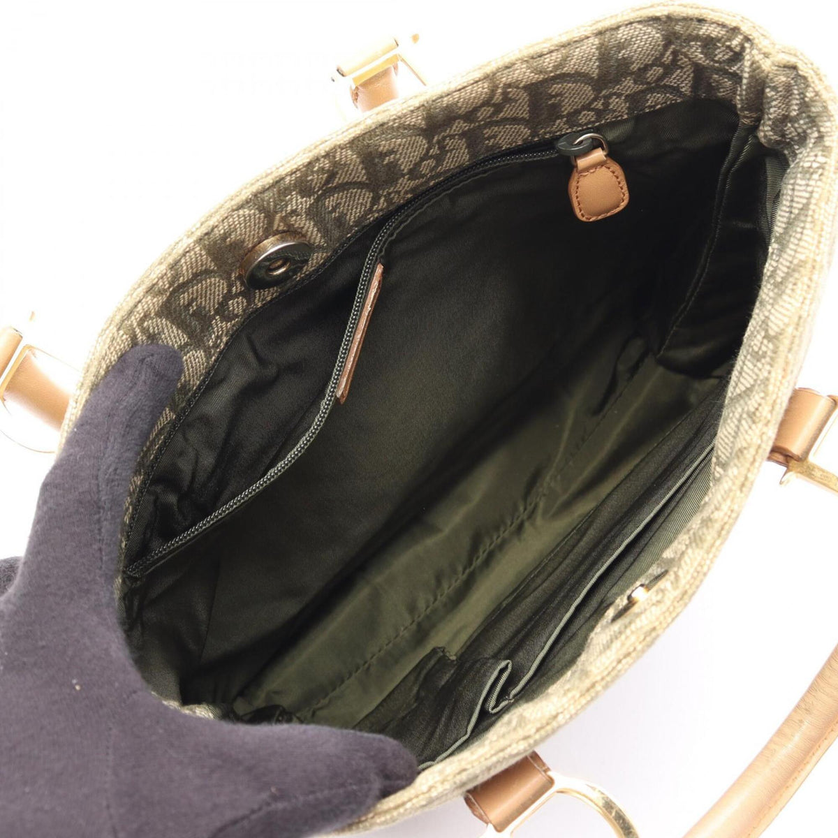 Christian Dior Beige Khaki Canvas Leather Handbag Tote Bag (Pre-Owned)