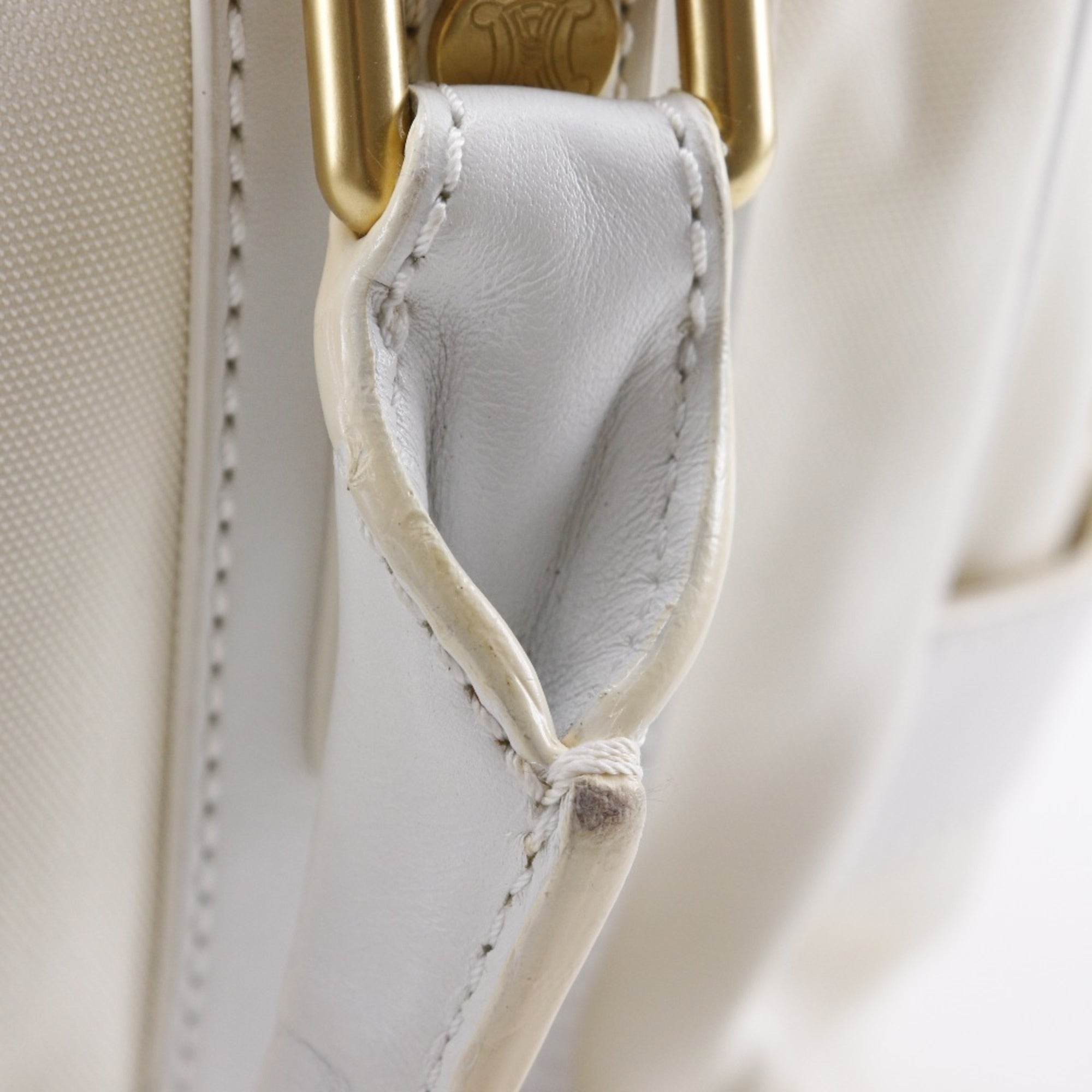 Celine White Nylon Canvas Leather Boston Bag Handbag (Pre-Owned)