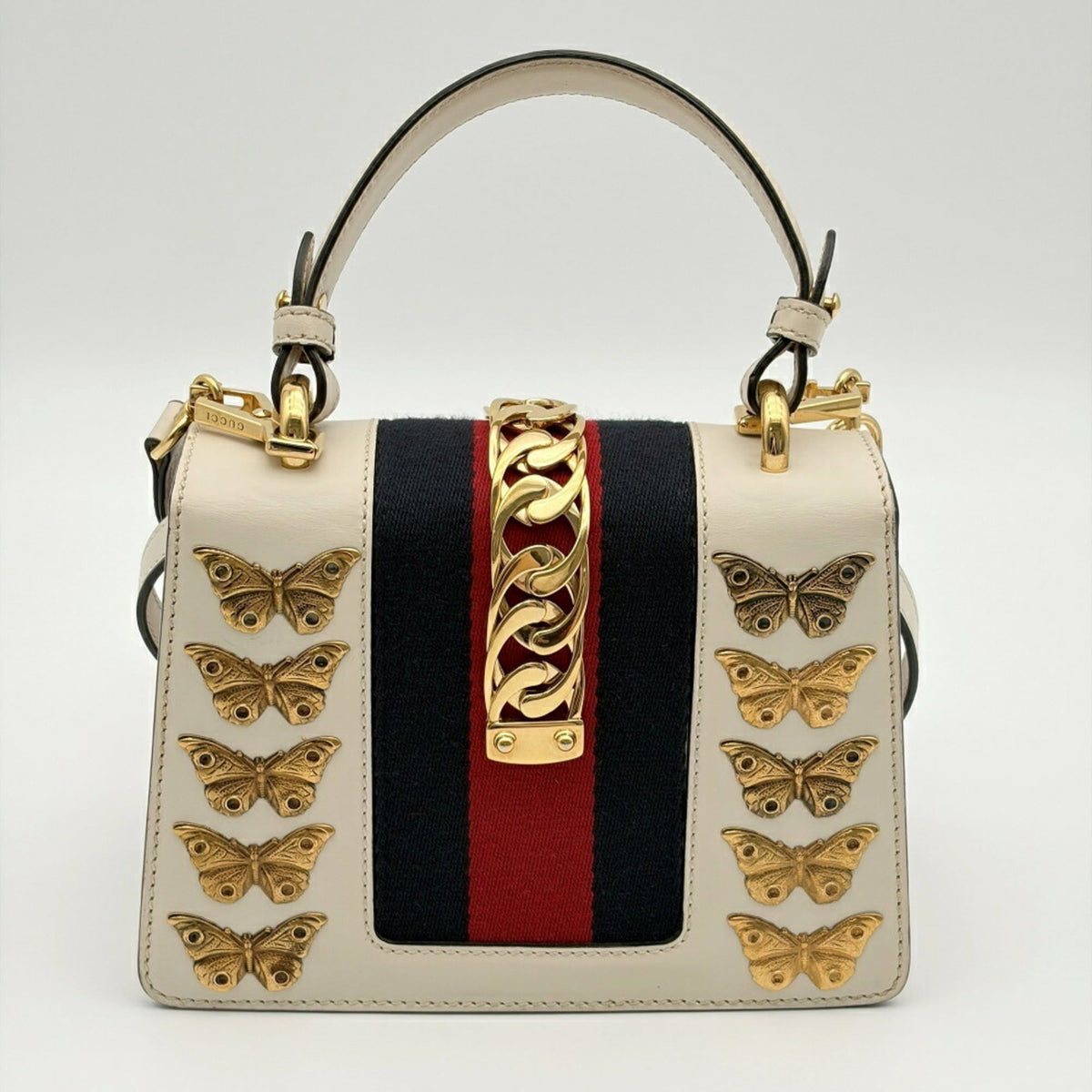 Gucci Navy Red Color White Leather Canvas Metal Handbag Shoulder Bag (Pre-Owned)