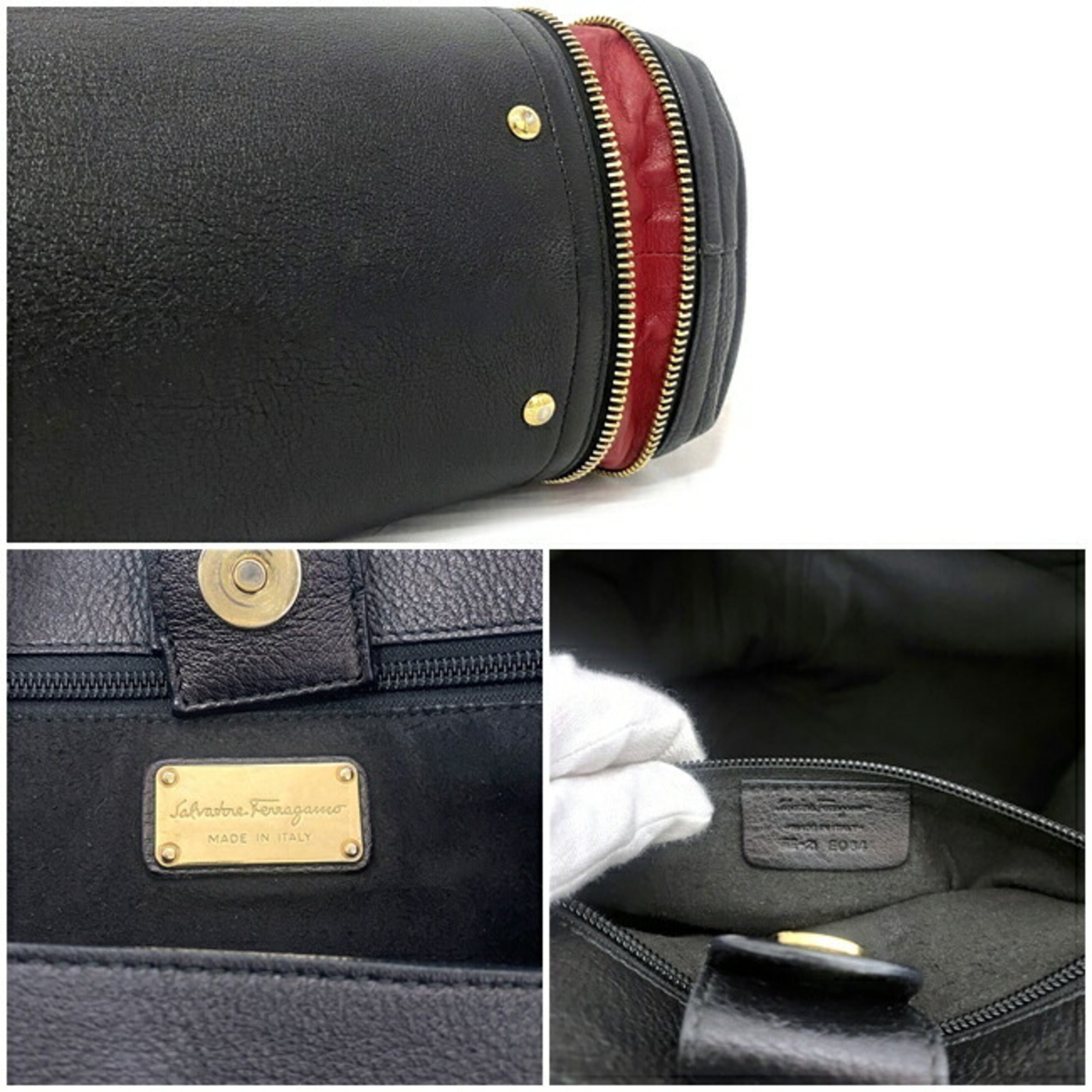 Salvatore Ferragamo Gancini Black Gold Leather Tote Bag (Pre-Owned)
