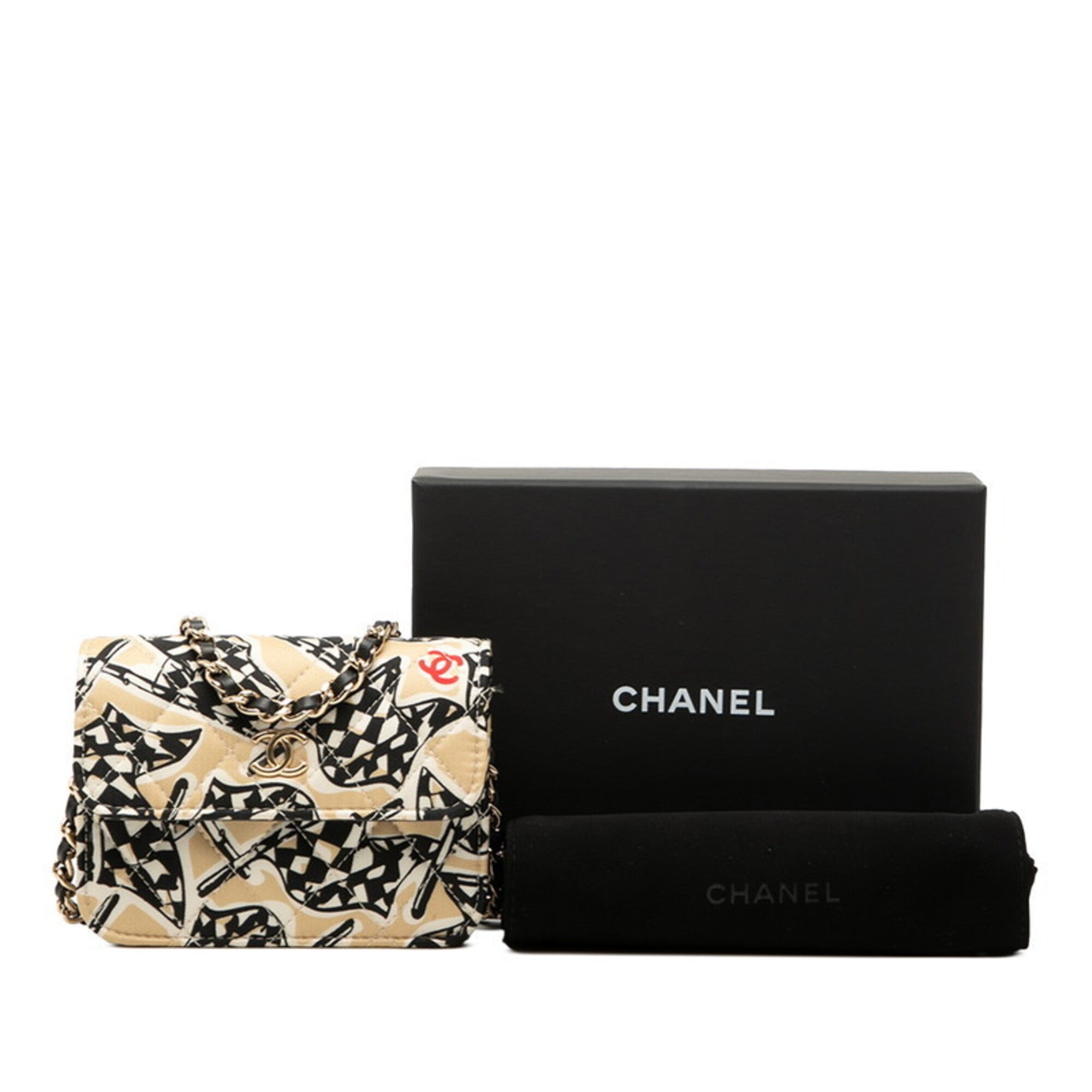 Chanel Beige Black Cotton Leather Shoulder Bag (Pre-Owned)