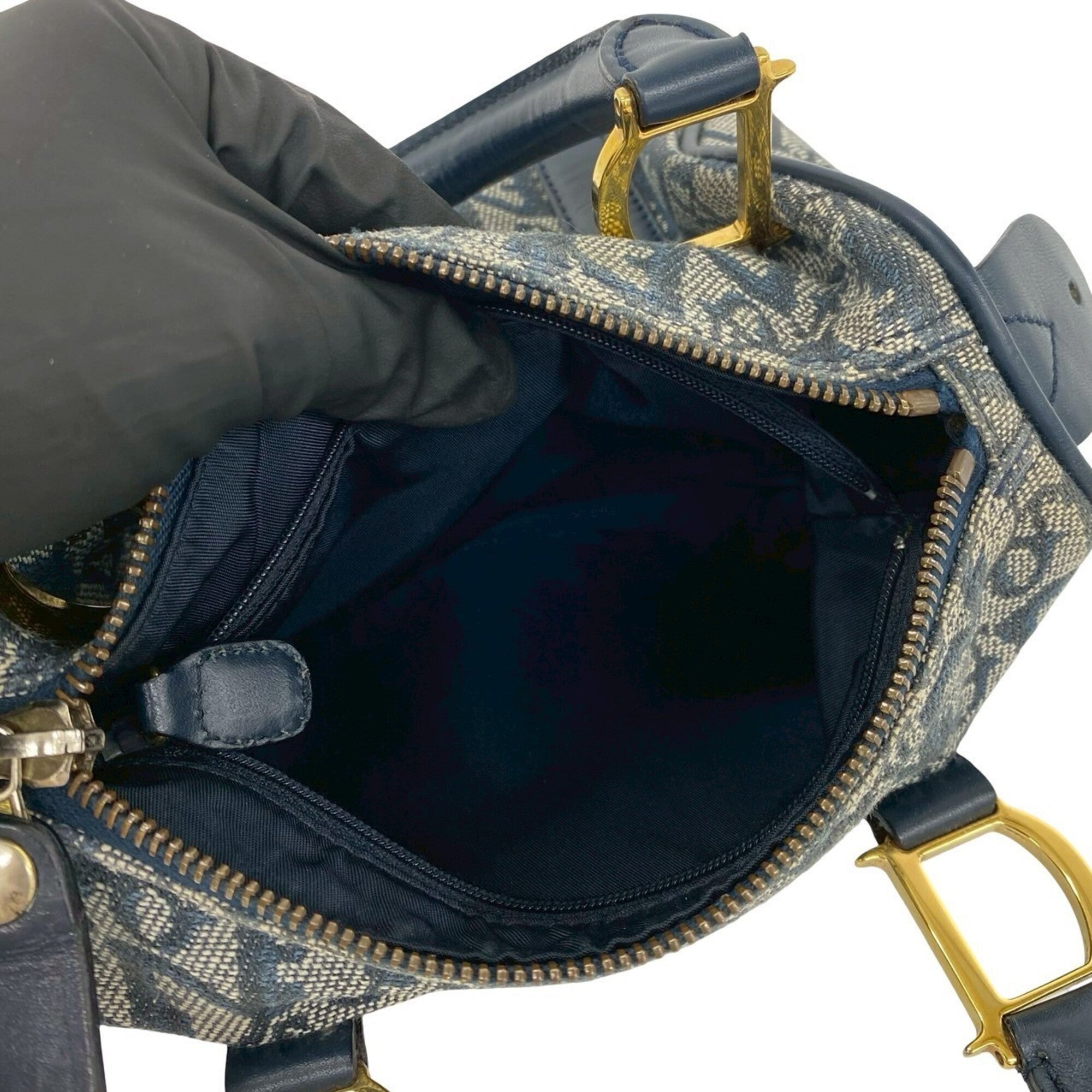 Christian Dior Navy Canvas Leather Boston Bag Handbag (Pre-Owned)